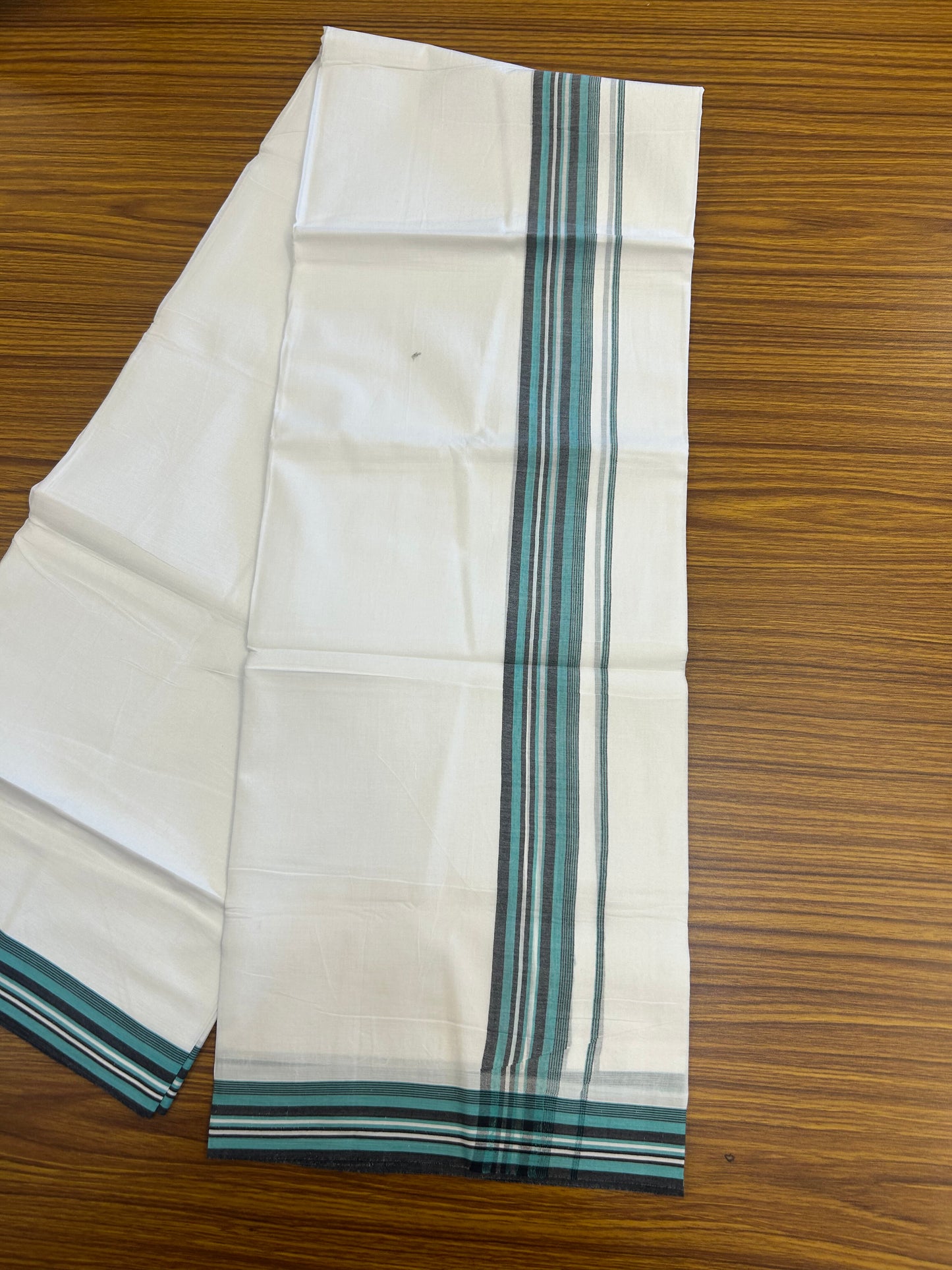 20% Discount ! Kaitharikada Balaramapuram 100% Cotton Pure White Double Mundu/Dothi - 100x80 - 1.5 inch Turquoise & Black Shaded Striped Kara 3.80 mtr (8 muzham) - 12 KK5359 THI