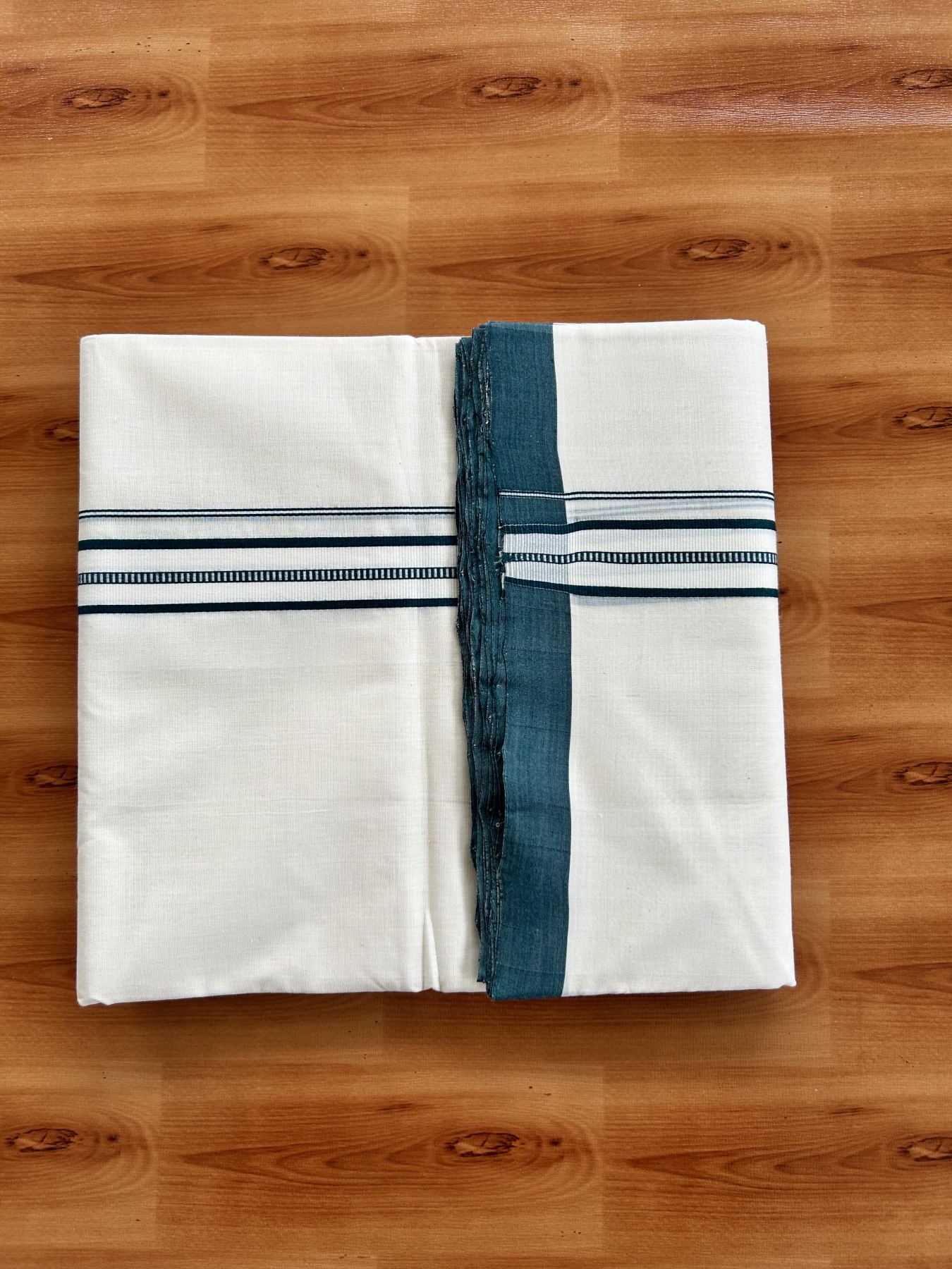 Double Off White (Unbleached) Mundu/Dhoti - 25% Discount!! KaithariKada Handloom Unakkupaav - Kerala Handloom - 100% Pure Cotton - 100x80 - 1 inch Dark Green Striped Designer Kara 4 meter (8.5 muzham) - 32 KK5436 REA