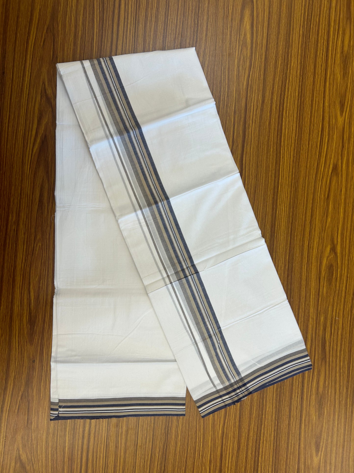 20% Discount ! Kaitharikada Balaramapuram 100% Cotton Pure White Double Mundu/Dothi - 100x80 - 1.5 inch Khaki & Navy Blue Shaded Striped Kara 3.80 mtr (8 muzham) - 15 KK5359 THI