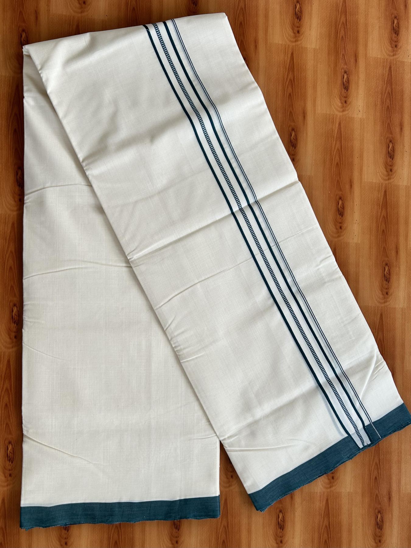 Double Off White (Unbleached) Mundu/Dhoti - 25% Discount!! KaithariKada Handloom Unakkupaav - Kerala Handloom - 100% Pure Cotton - 100x80 - 1 inch Dark Green Striped Designer Kara 4 meter (8.5 muzham) - 32 KK5436 REA