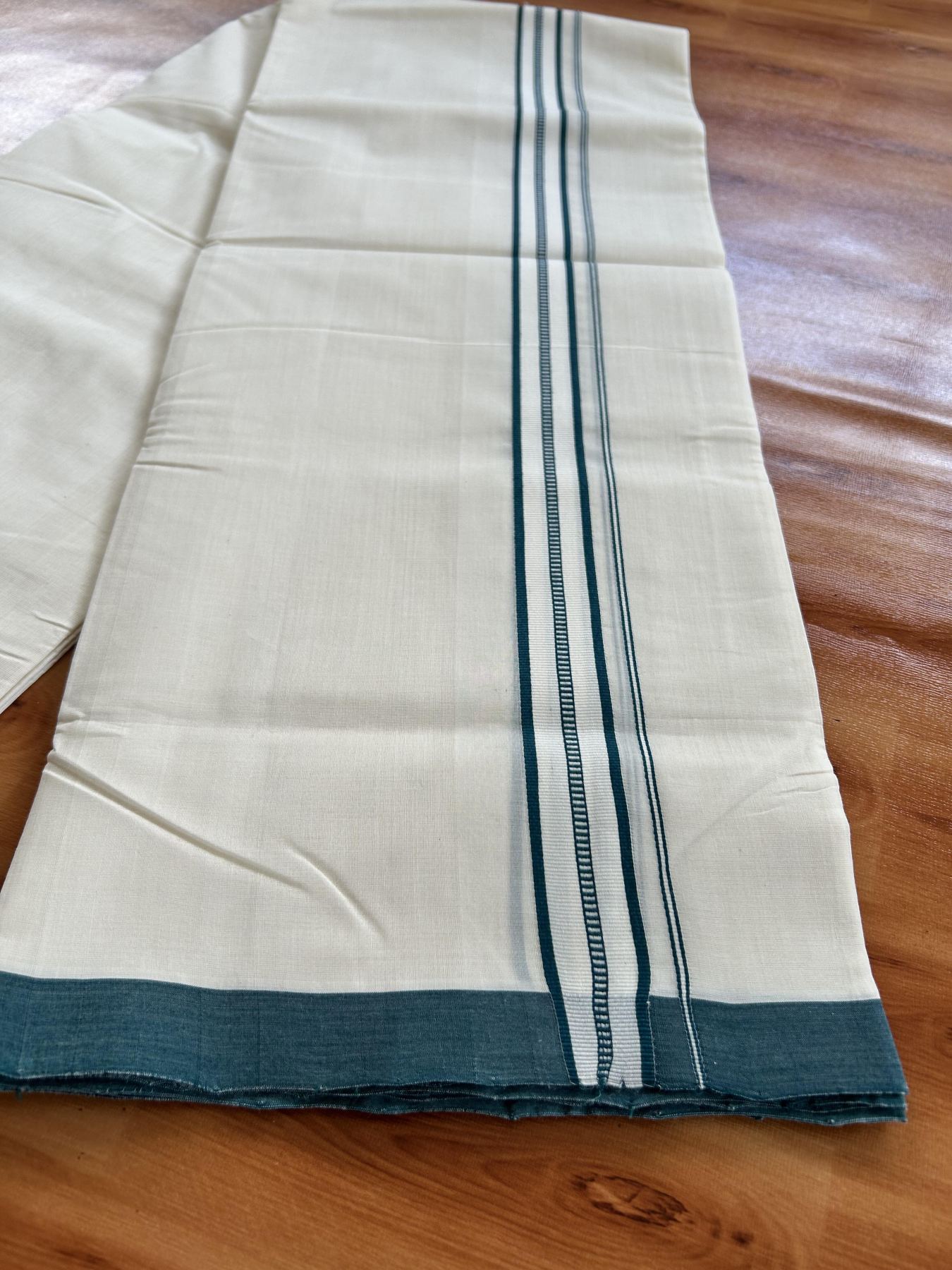 Double Off White (Unbleached) Mundu/Dhoti - 25% Discount!! KaithariKada Handloom Unakkupaav - Kerala Handloom - 100% Pure Cotton - 100x80 - 1 inch Dark Green Striped Designer Kara 4 meter (8.5 muzham) - 32 KK5436 REA