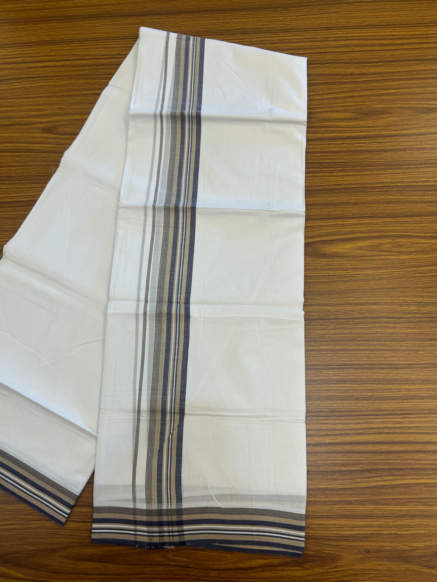 20% Discount ! Kaitharikada Balaramapuram 100% Cotton Pure White Double Mundu/Dothi - 100x80 - 1.5 inch Khaki & Navy Blue Shaded Striped Kara 3.80 mtr (8 muzham) - 15 KK5359 THI