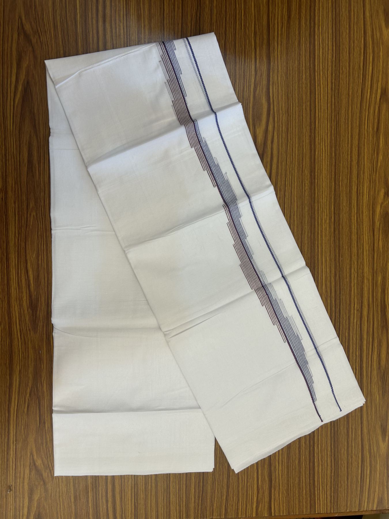 20% Discount ! Kaitharikada Balaramapuram 100% Cotton Pure White Double Mundu/Dothi - 100x80 - 0.75 inch Lavender Blue & Maroon Striped Jacquard Design Kara 3.80 mtr (8 muzham) - 12 KK5334 THI