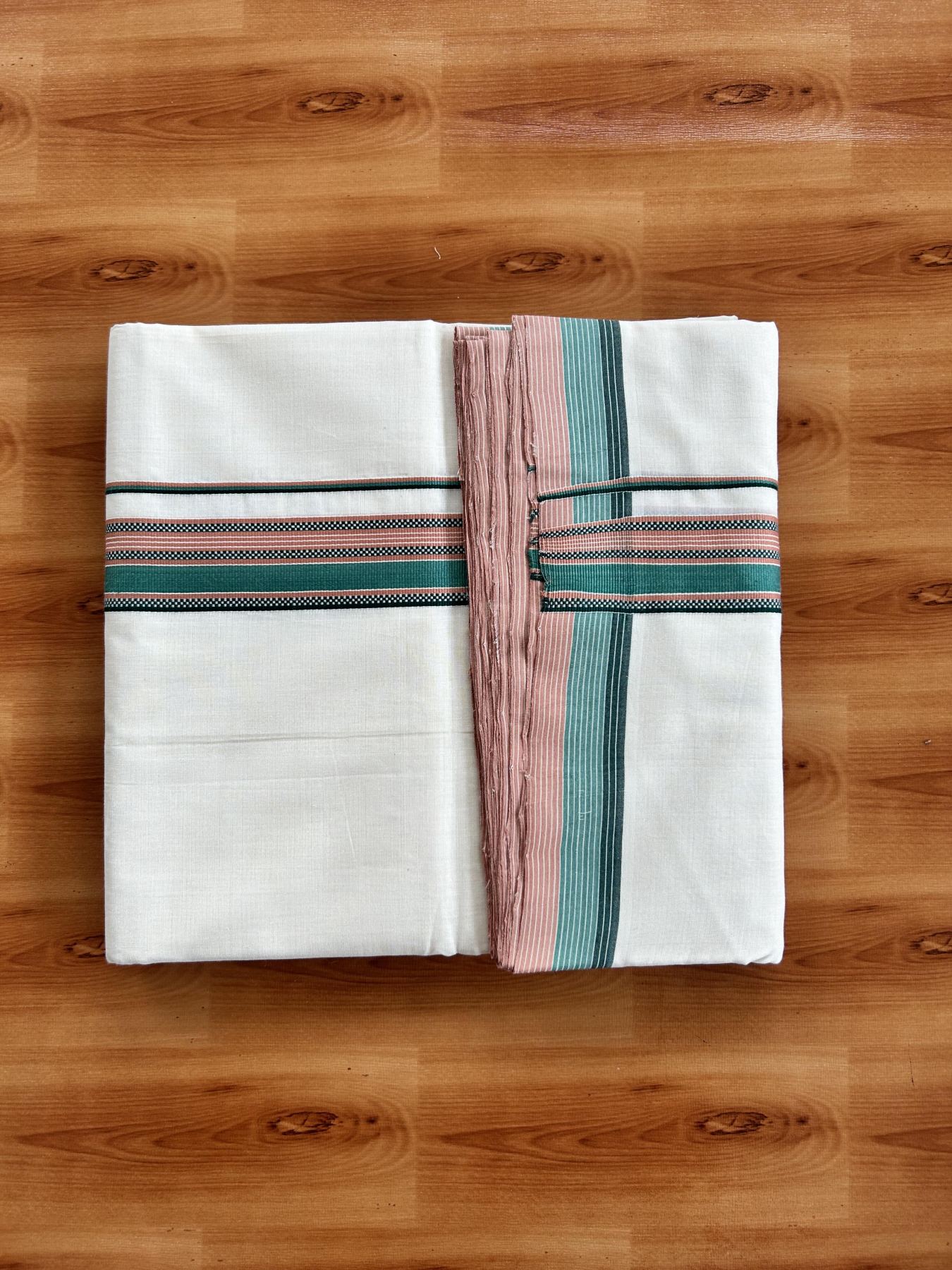 Double Off White (Unbleached) Mundu/Dhoti - 25% Discount!! KaithariKada Handloom Unakkupaav - Kerala Handloom - 100% Pure Cotton - 100x80 - 1.5 inch Brick Orange, Teal & Dark Green Striped Designer Kara 4 meter (8.5 muzham) - 33 KK5436 REA