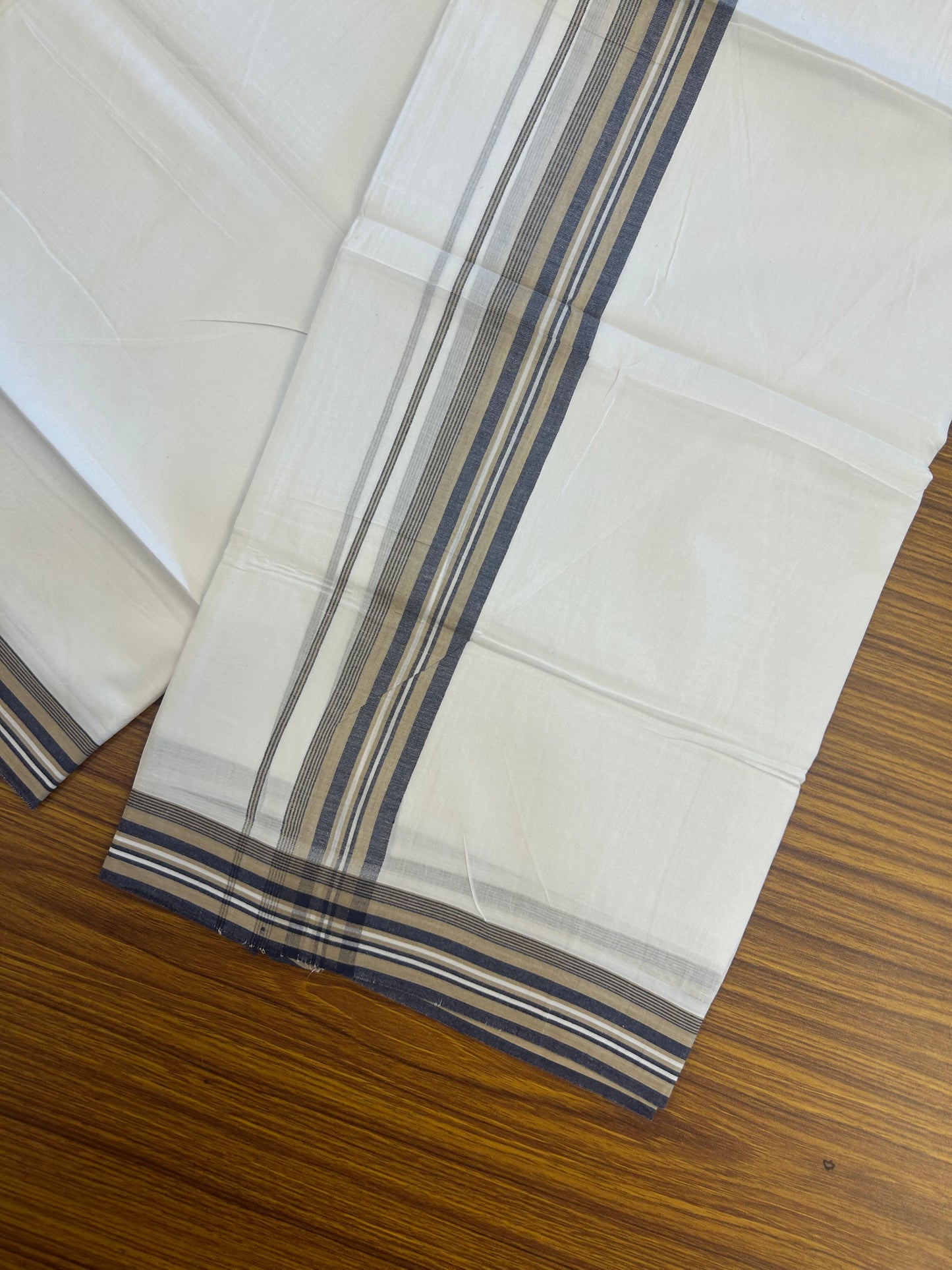 20% Discount ! Kaitharikada Balaramapuram 100% Cotton Pure White Double Mundu/Dothi - 100x80 - 1.5 inch Khaki & Navy Blue Shaded Striped Kara 3.80 mtr (8 muzham) - 15 KK5359 THI