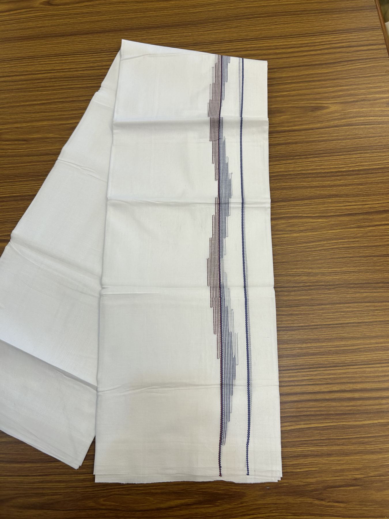 20% Discount ! Kaitharikada Balaramapuram 100% Cotton Pure White Double Mundu/Dothi - 100x80 - 0.75 inch Lavender Blue & Maroon Striped Jacquard Design Kara 3.80 mtr (8 muzham) - 12 KK5334 THI