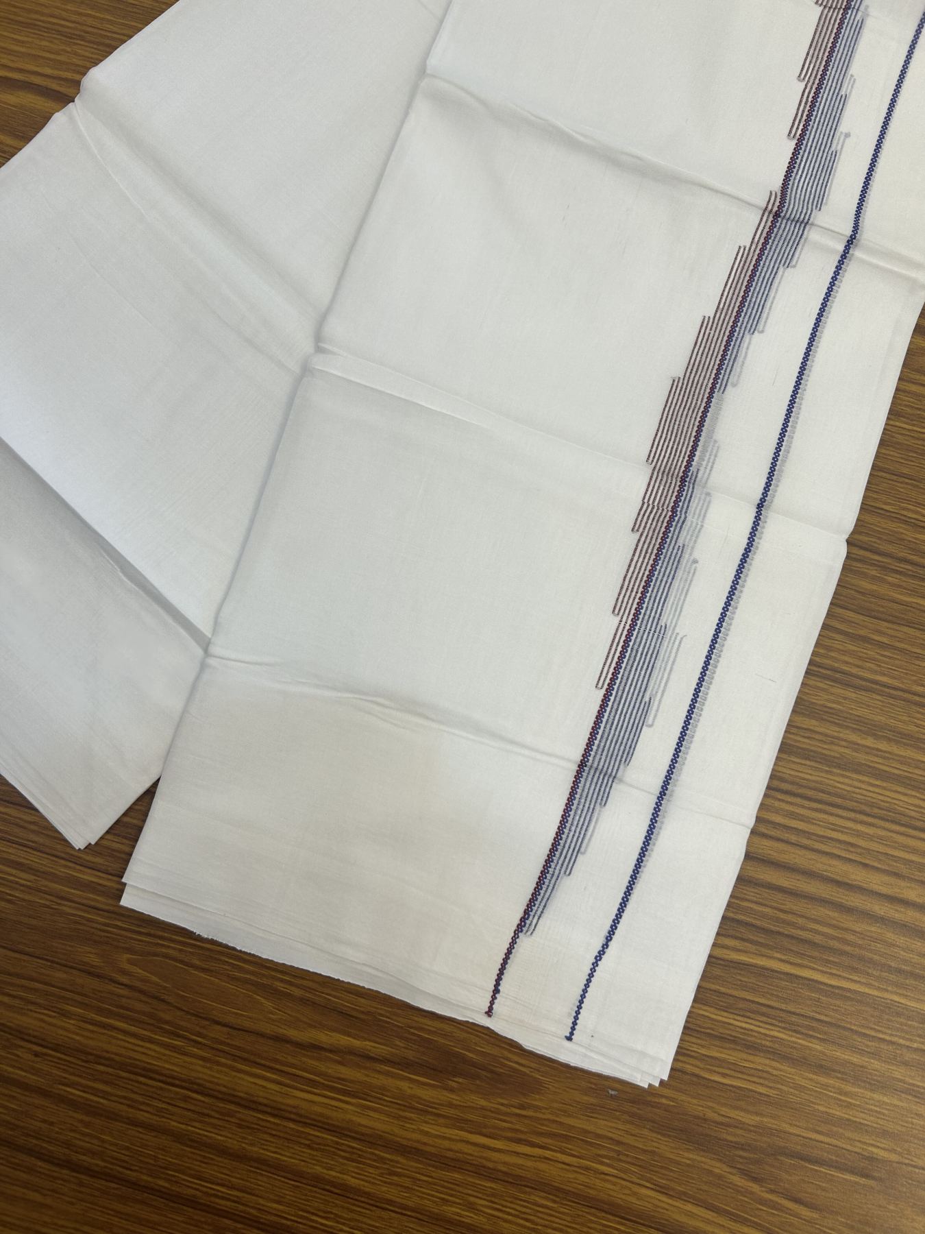 20% Discount ! Kaitharikada Balaramapuram 100% Cotton Pure White Double Mundu/Dothi - 100x80 - 0.75 inch Lavender Blue & Maroon Striped Jacquard Design Kara 3.80 mtr (8 muzham) - 12 KK5334 THI