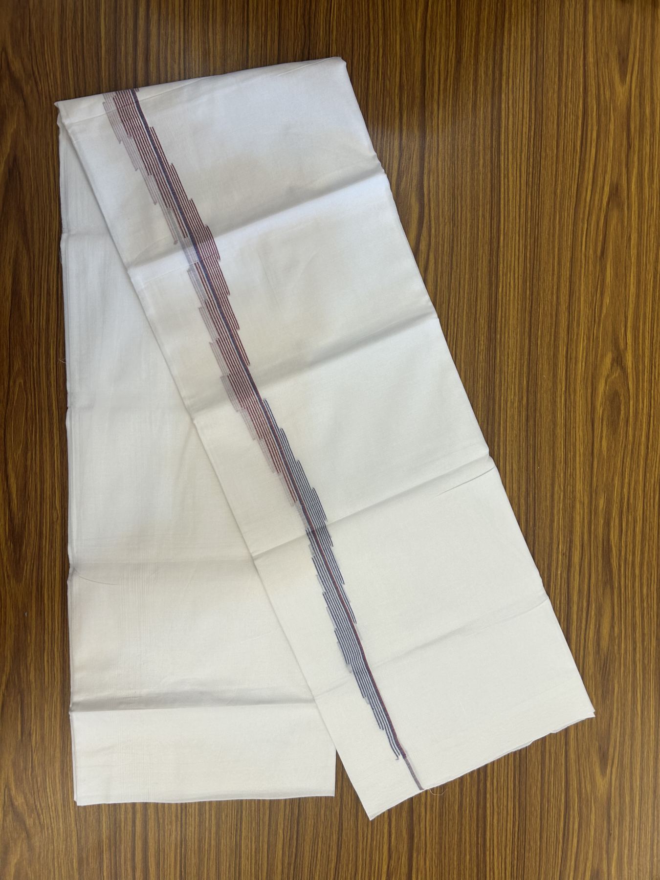 20% Discount ! Kaitharikada Balaramapuram 100% Cotton Pure White Double Mundu/Dothi - 100x80 - 0.75 inch Lavender Blue & Maroon Striped Jacquard Design Kara 3.80 mtr (8 muzham) - 13 KK5334 THI