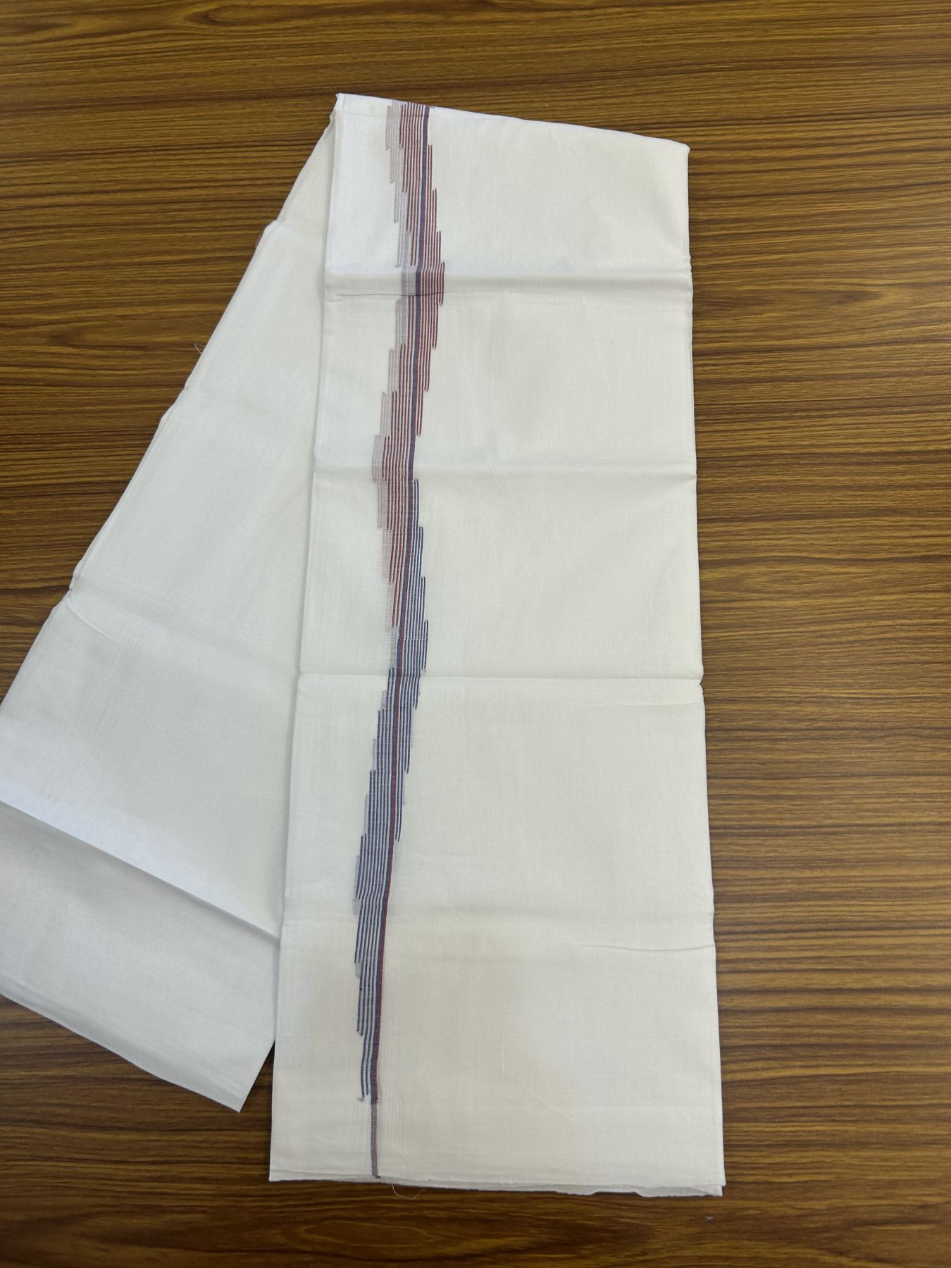 20% Discount ! Kaitharikada Balaramapuram 100% Cotton Pure White Double Mundu/Dothi - 100x80 - 0.75 inch Lavender Blue & Maroon Striped Jacquard Design Kara 3.80 mtr (8 muzham) - 13 KK5334 THI
