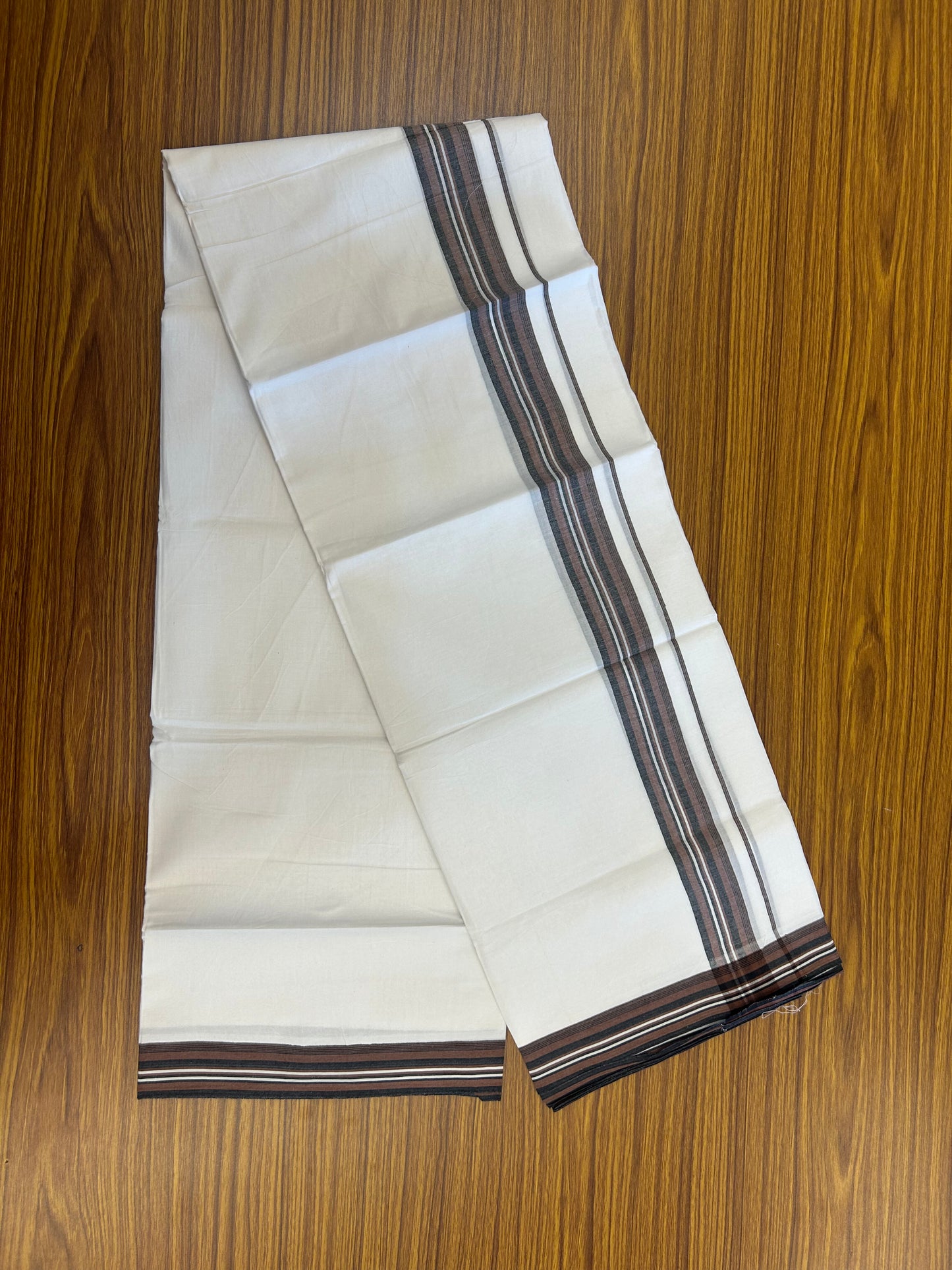 20% Discount ! Kaitharikada Balaramapuram 100% Cotton Pure White Double Mundu/Dothi - 100x80 - 1.5 inch Chestnut Brown & Black Shaded Striped Kara 3.80 mtr (8 muzham) - 16 KK5359 THI