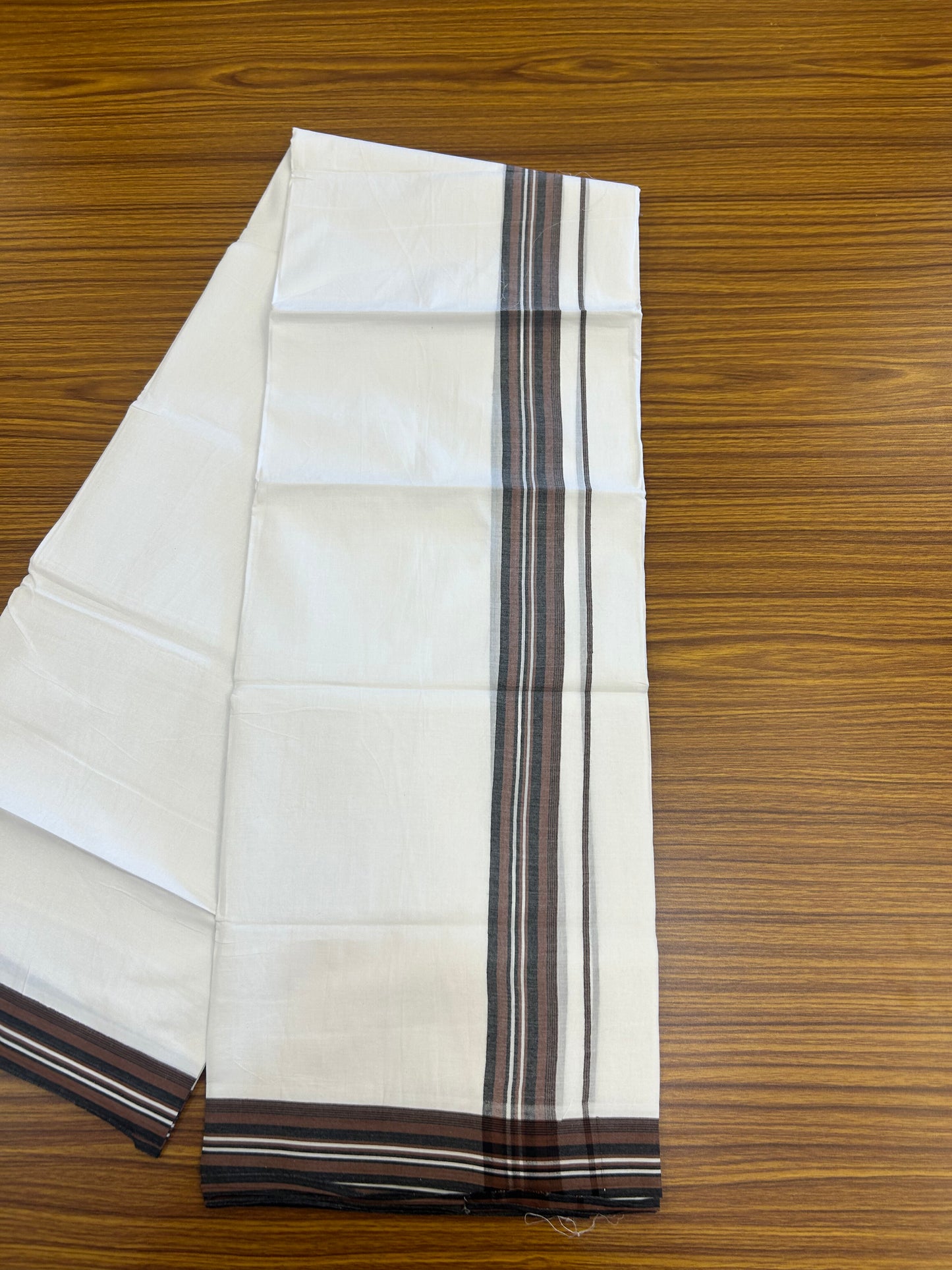 20% Discount ! Kaitharikada Balaramapuram 100% Cotton Pure White Double Mundu/Dothi - 100x80 - 1.5 inch Chestnut Brown & Black Shaded Striped Kara 3.80 mtr (8 muzham) - 16 KK5359 THI