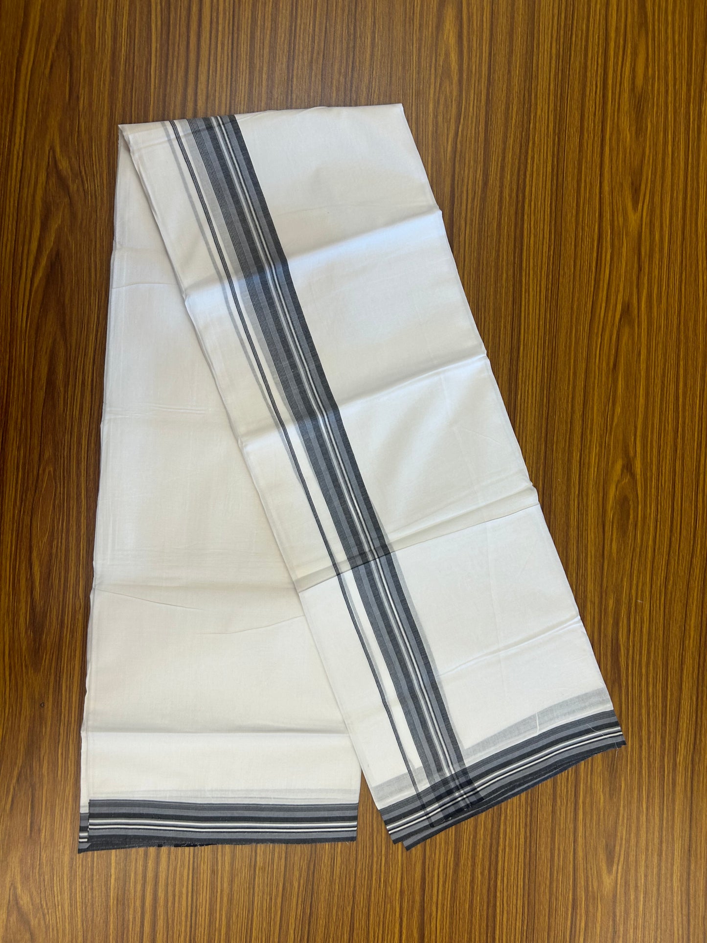 20% Discount ! Kaitharikada Balaramapuram 100% Cotton Pure White Double Mundu/Dothi - 100x80 - 1.5 inch Ash Blue & Black Shaded Striped Kara 3.80 mtr (8 muzham) - 18 KK5359 THI