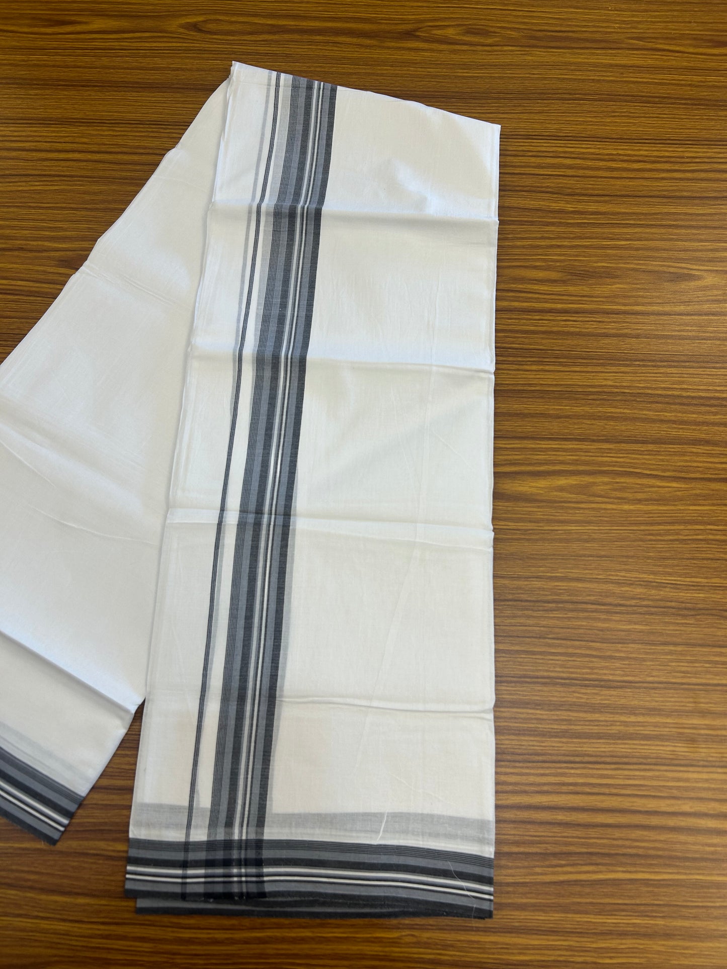 20% Discount ! Kaitharikada Balaramapuram 100% Cotton Pure White Double Mundu/Dothi - 100x80 - 1.5 inch Ash Blue & Black Shaded Striped Kara 3.80 mtr (8 muzham) - 18 KK5359 THI