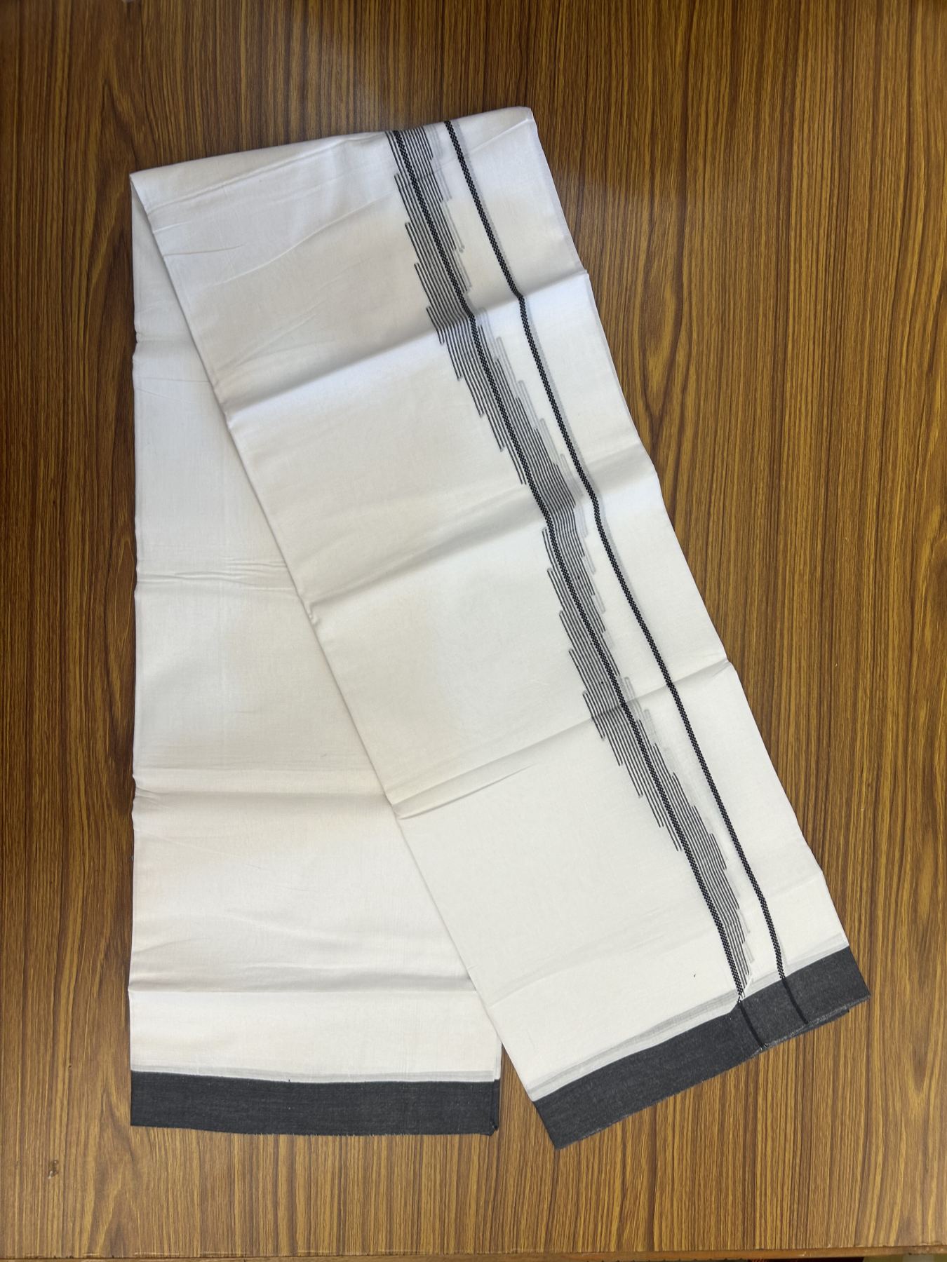 20% Discount ! Kaitharikada Balaramapuram 100% Cotton Pure White Double Mundu/Dothi - 100x80 - 0.75 inch Black Striped Jacquard Design Kara 3.80 mtr (8 muzham) - 16 KK5334 THI