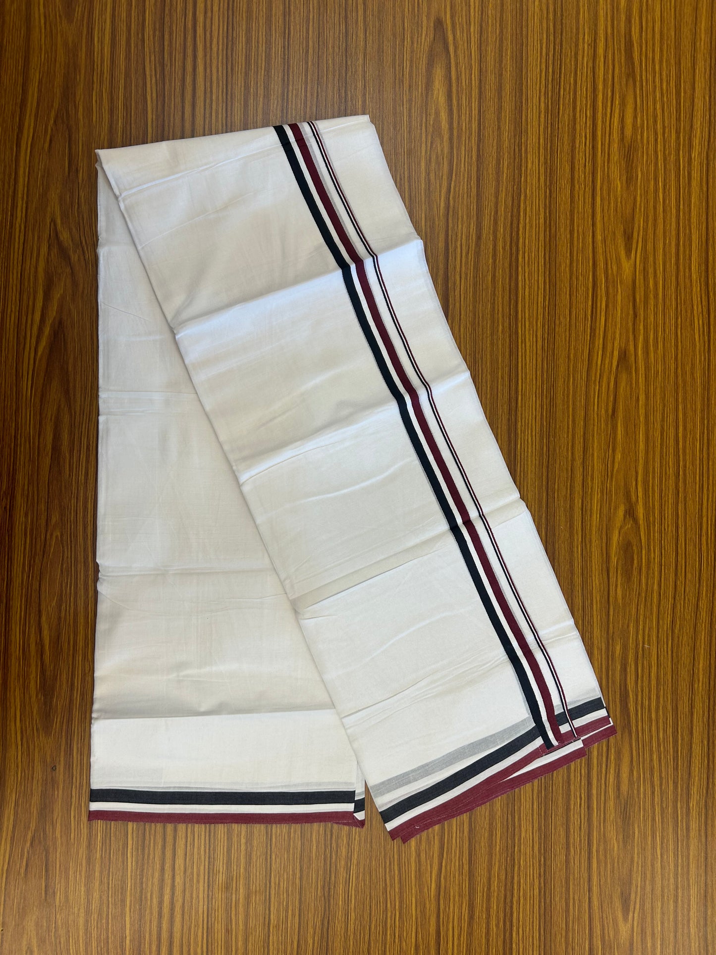 Admk Veshti - 20% Discount! KaithariKada 100% Cotton Pure white Double Mundu/Dhoti - 100X80 - 1 inch Black White & Maroon Red kara - 42 KK5359 THI