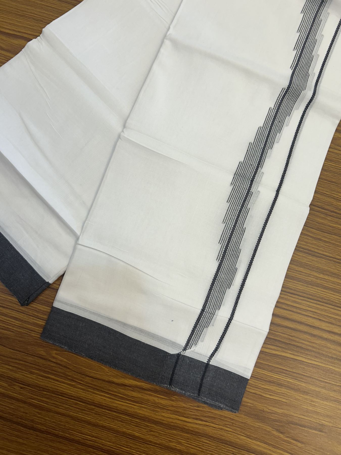 20% Discount ! Kaitharikada Balaramapuram 100% Cotton Pure White Double Mundu/Dothi - 100x80 - 0.75 inch Black Striped Jacquard Design Kara 3.80 mtr (8 muzham) - 16 KK5334 THI