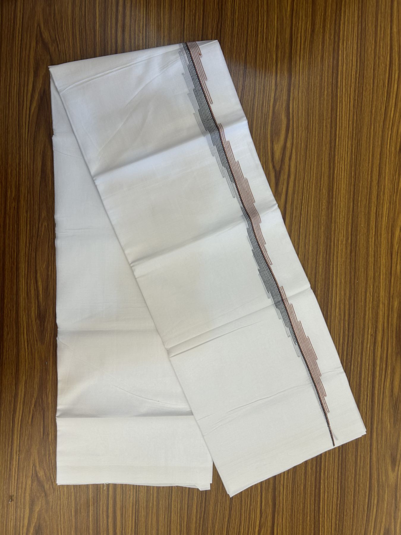 20% Discount ! Kaitharikada Balaramapuram 100% Cotton Pure White Double Mundu/Dothi - 100x80 - 0.75 inch Orange Brown & Black Striped Jacquard Design Kara 3.80 mtr (8 muzham) - 17 KK5334 THI