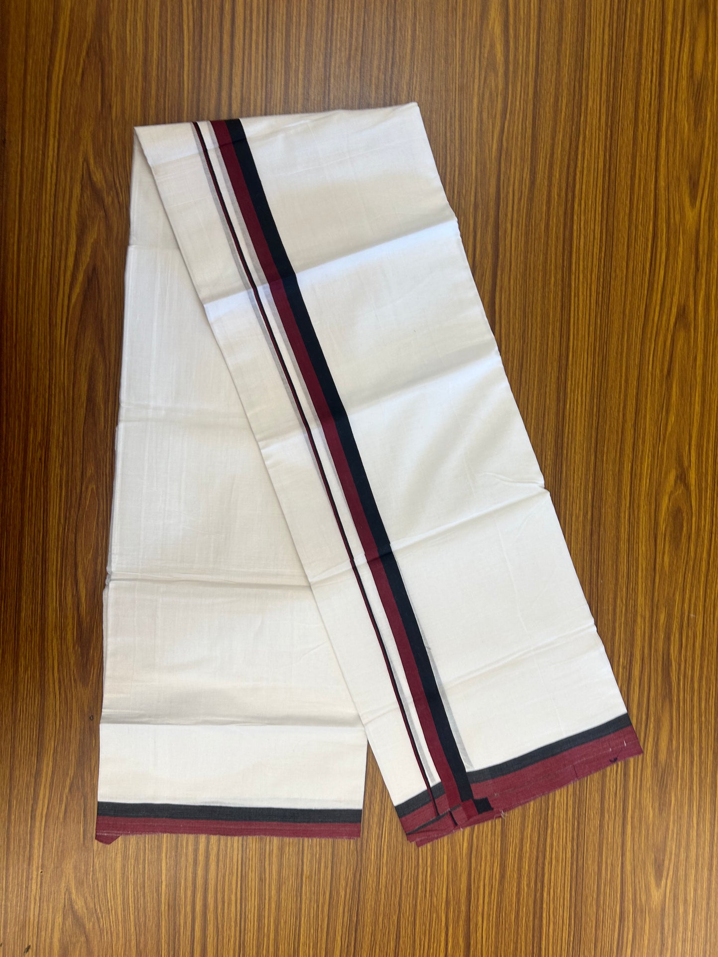 Dmk Veshti - 20% Discount ! KaithariKada 100% Cotton Pure White Double Mundu/Dhoti - 100X80 - 1 inch Black & Maroon Red kara 3.80 mtr (8 mulam) - 41 KK5359 THI