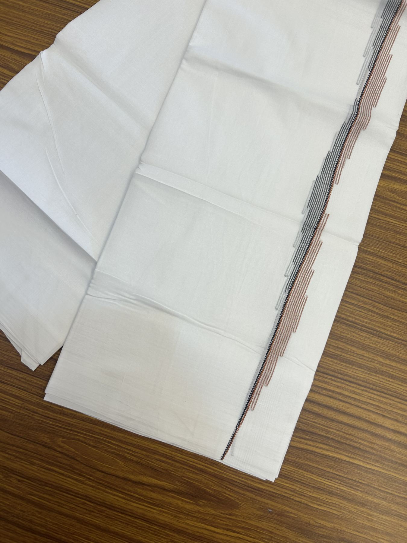 20% Discount ! Kaitharikada Balaramapuram 100% Cotton Pure White Double Mundu/Dothi - 100x80 - 0.75 inch Orange Brown & Black Striped Jacquard Design Kara 3.80 mtr (8 muzham) - 17 KK5334 THI