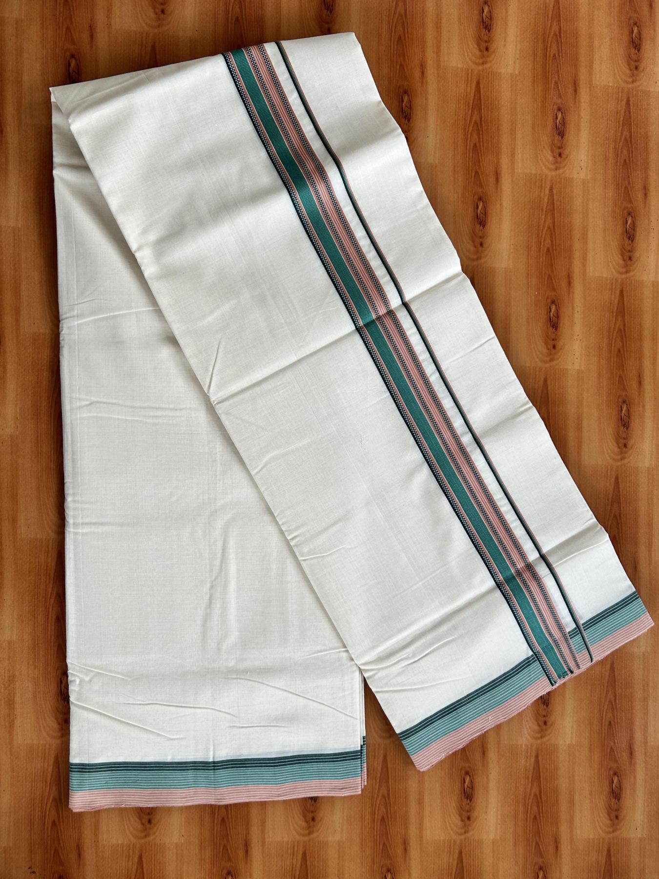 Double Off White (Unbleached) Mundu/Dhoti - 25% Discount!! KaithariKada Handloom Unakkupaav - Kerala Handloom - 100% Pure Cotton - 100x80 - 1.5 inch Brick Orange, Teal & Dark Green Striped Designer Kara 4 meter (8.5 muzham) - 33 KK5436 REA