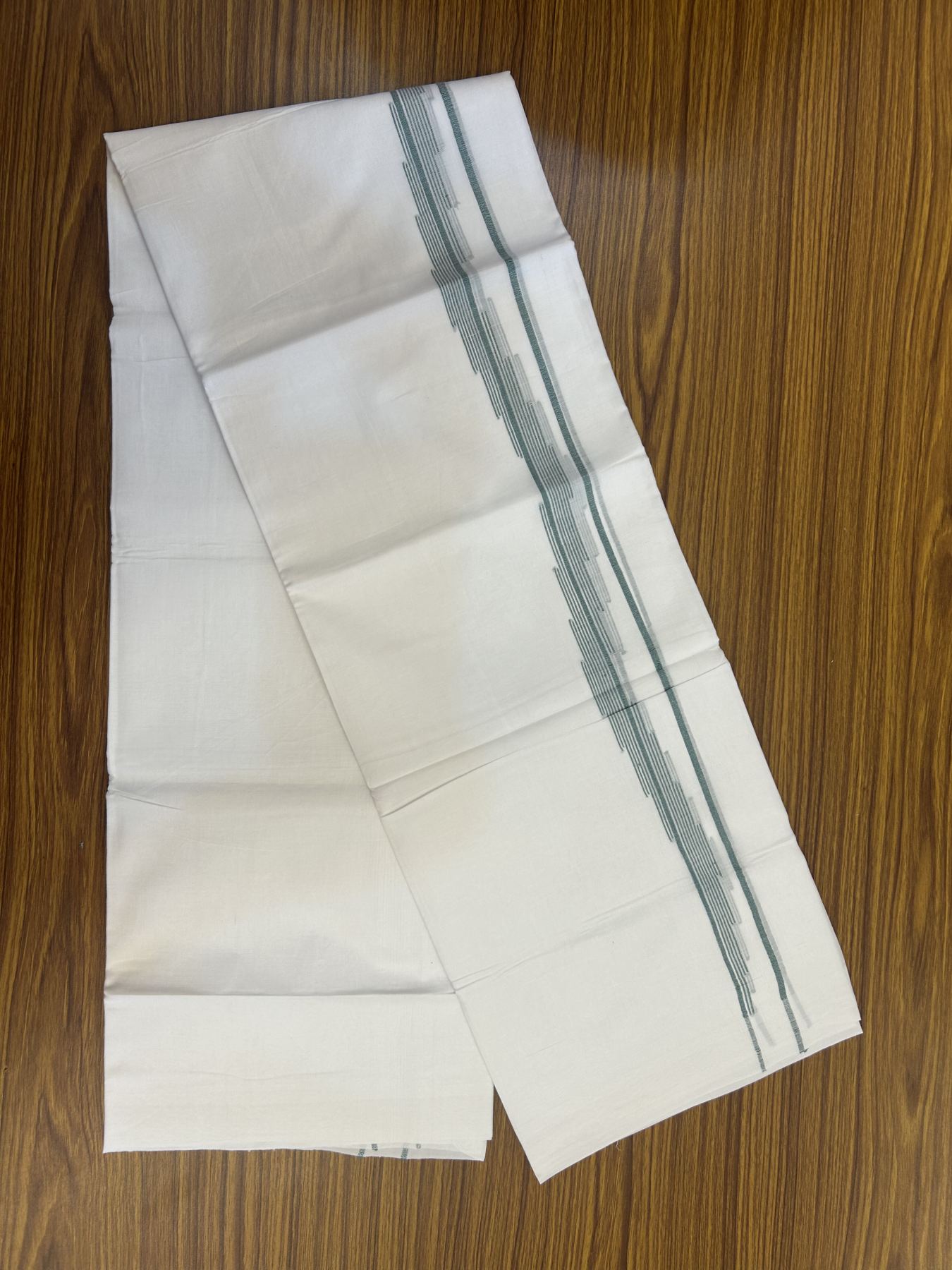 20% Discount ! Kaitharikada Balaramapuram 100% Cotton Pure White Double Mundu/Dothi - 100x80 - 0.75 inch Green Striped Jacquard Design Kara 3.80 mtr (8 muzham) - 18 KK5334 THI