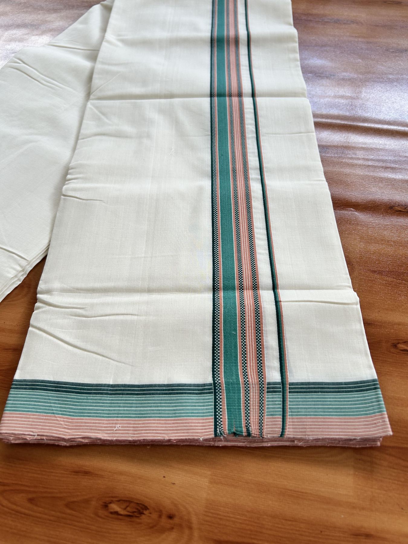 Double Off White (Unbleached) Mundu/Dhoti - 25% Discount!! KaithariKada Handloom Unakkupaav - Kerala Handloom - 100% Pure Cotton - 100x80 - 1.5 inch Brick Orange, Teal & Dark Green Striped Designer Kara 4 meter (8.5 muzham) - 33 KK5436 REA