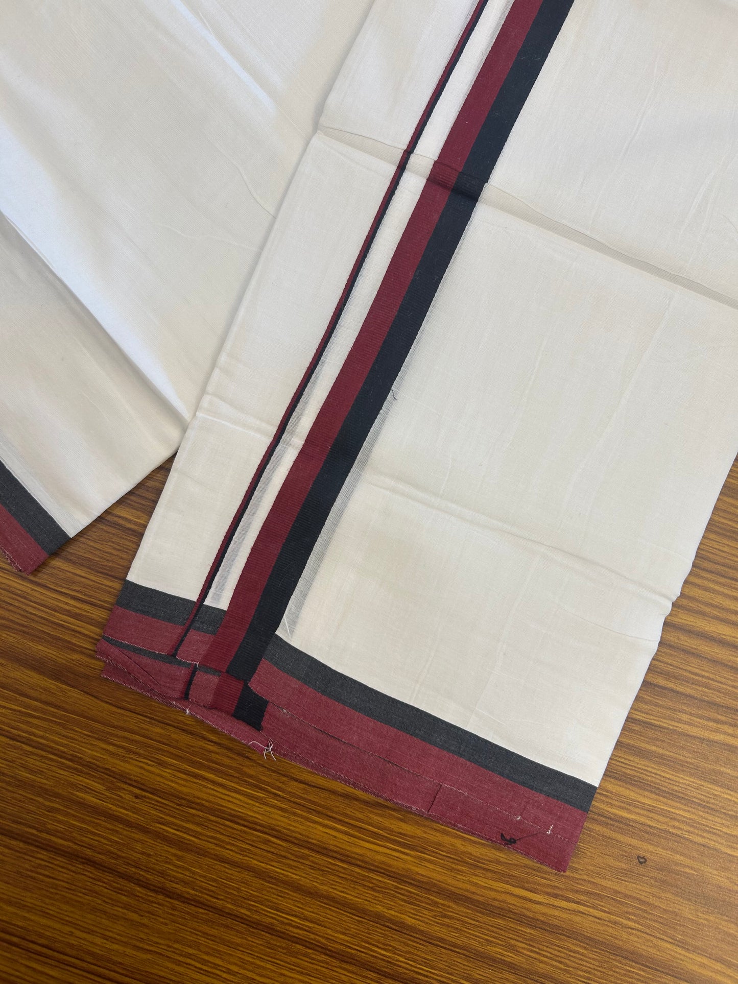 Dmk Veshti - 20% Discount ! KaithariKada 100% Cotton Pure White Double Mundu/Dhoti - 100X80 - 1 inch Black & Maroon Red kara 3.80 mtr (8 mulam) - 41 KK5359 THI