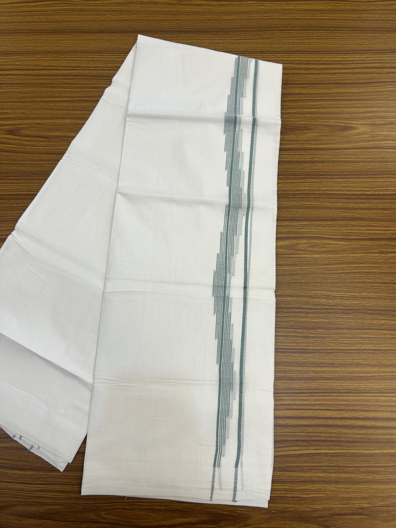 20% Discount ! Kaitharikada Balaramapuram 100% Cotton Pure White Double Mundu/Dothi - 100x80 - 0.75 inch Green Striped Jacquard Design Kara 3.80 mtr (8 muzham) - 18 KK5334 THI