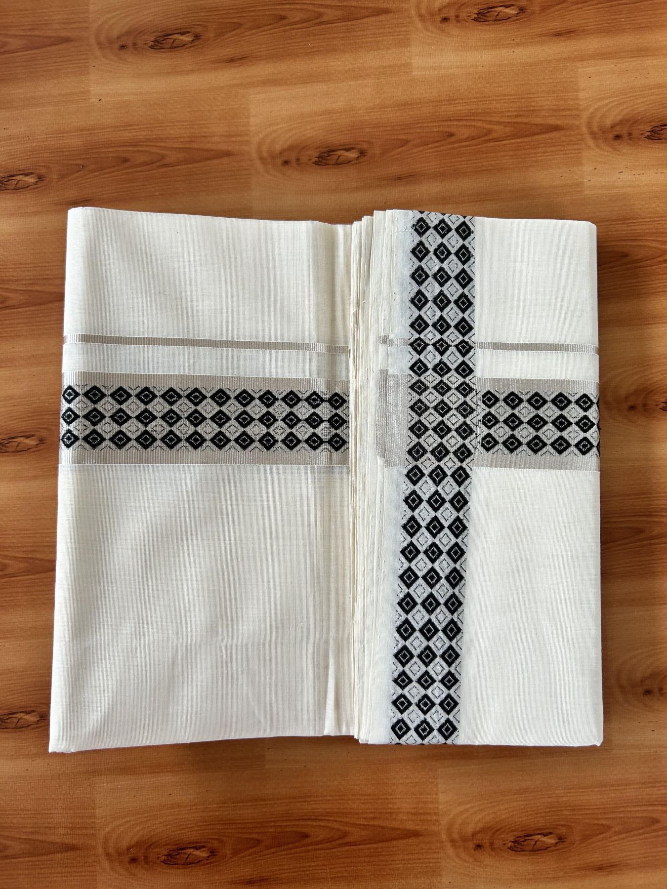 25% Discount ! Kaitharikada Handloom Unakkupaav - Kerala Handloom - 100% Pure Cotton Off White - (Unbleached) Double Mundu/Dhoti - 100x80 - 1.75 inch Silver Kasav & Black Jacquard Design Kara 4 mtr (8.5 Muzham) - 16 KK5441 ABH