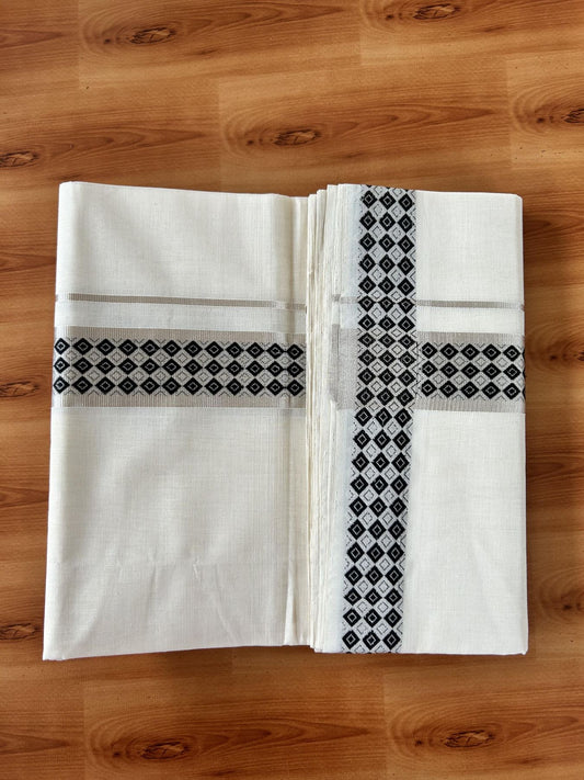 25% Discount ! Kaitharikada Handloom Unakkupaav - Kerala Handloom - 100% Pure Cotton Off White - (Unbleached) Double Mundu/Dhoti - 100x80 - 1.75 inch Silver Kasav & Black Jacquard Design Kara 4 mtr (8.5 Muzham) - 16 KK5441 ABH
