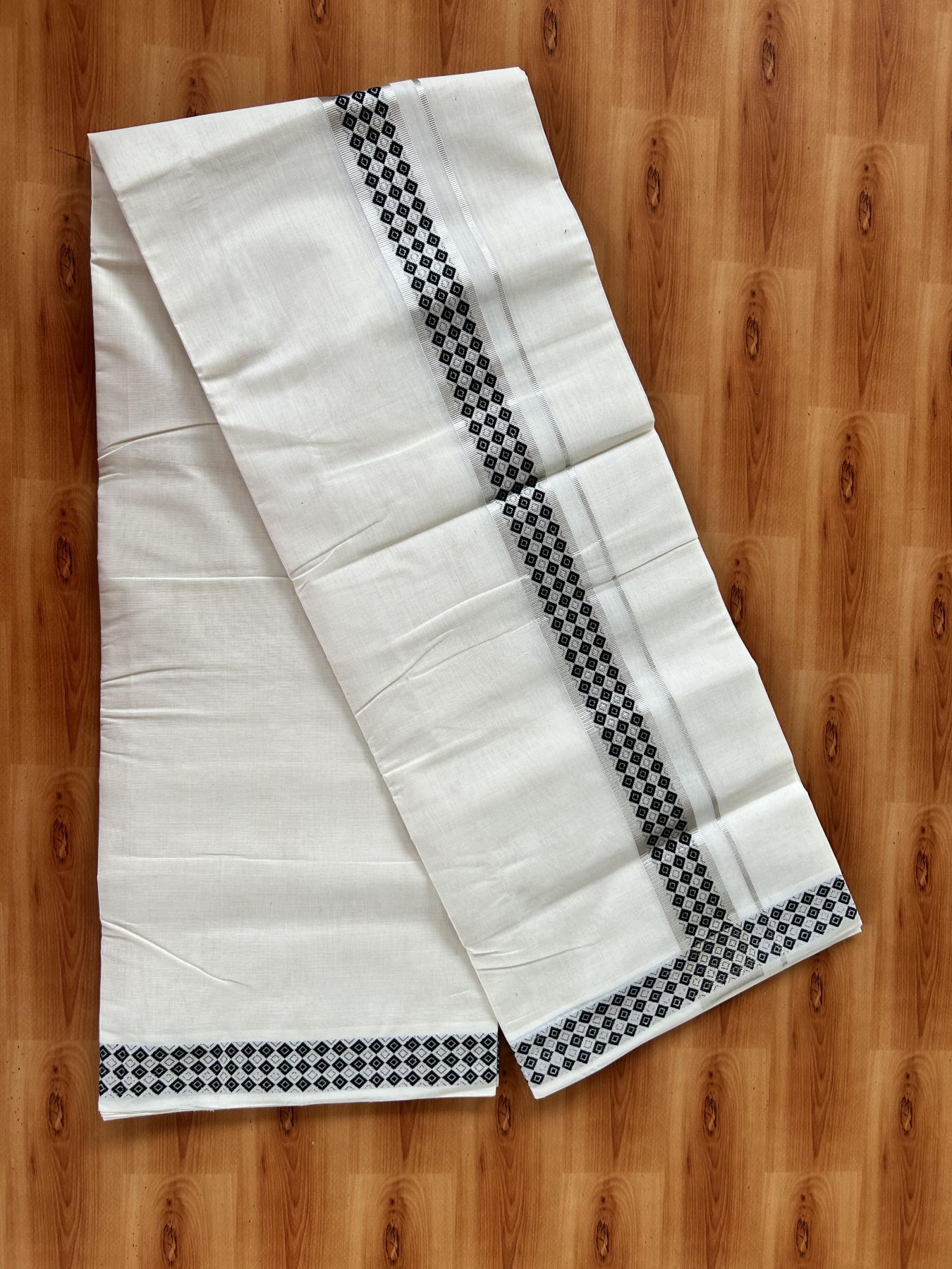 25% Discount ! Kaitharikada Handloom Unakkupaav - Kerala Handloom - 100% Pure Cotton Off White - (Unbleached) Double Mundu/Dhoti - 100x80 - 1.75 inch Silver Kasav & Black Jacquard Design Kara 4 mtr (8.5 Muzham) - 16 KK5441 ABH