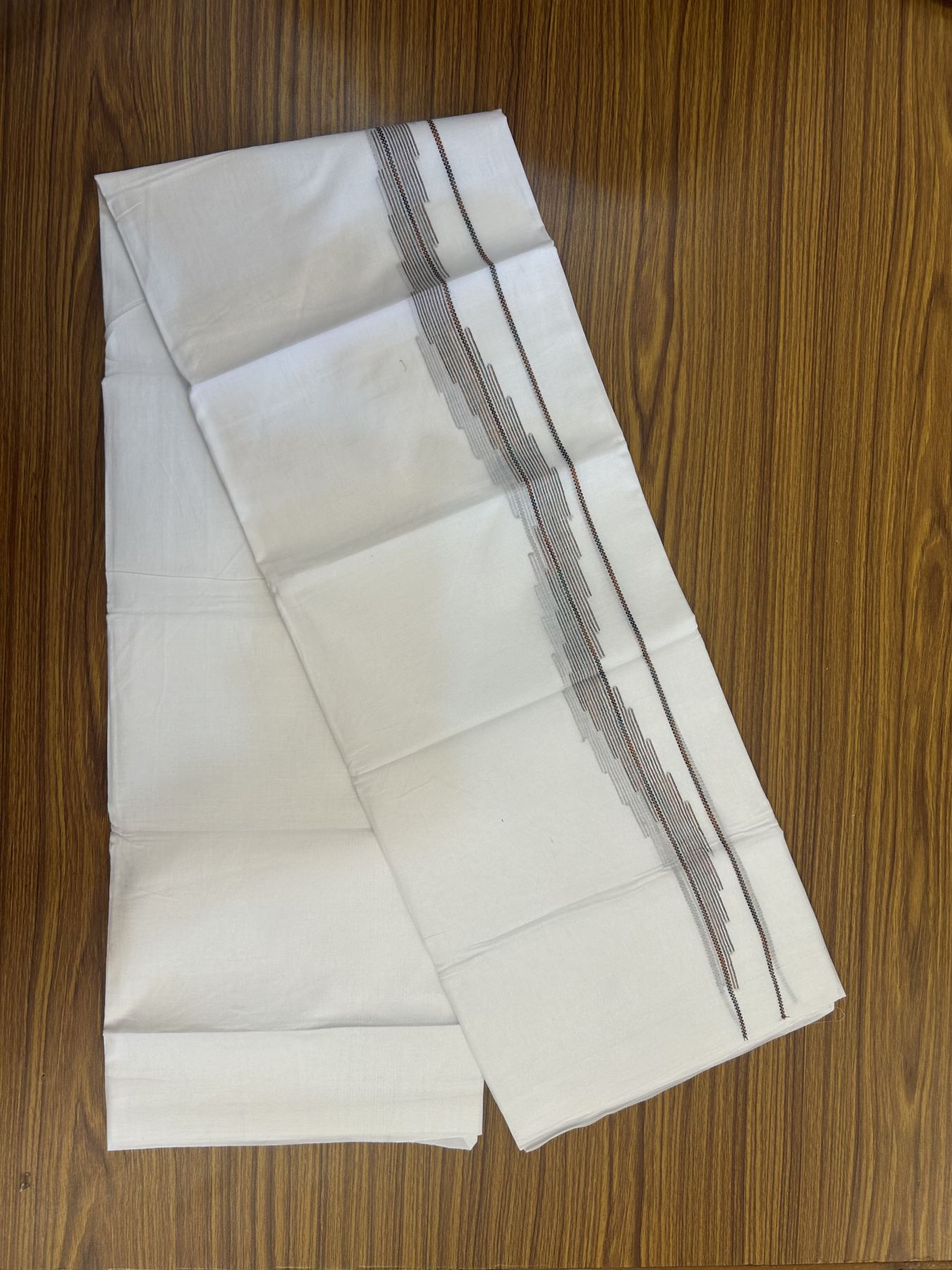 20% Discount ! Kaitharikada Balaramapuram 100% Cotton Pure White Double Mundu/Dothi - 100x80 - 0.75 inch Multi Colour Striped Jacquard Design Kara 3.80 mtr (8 muzham) - 19 KK5334 THI