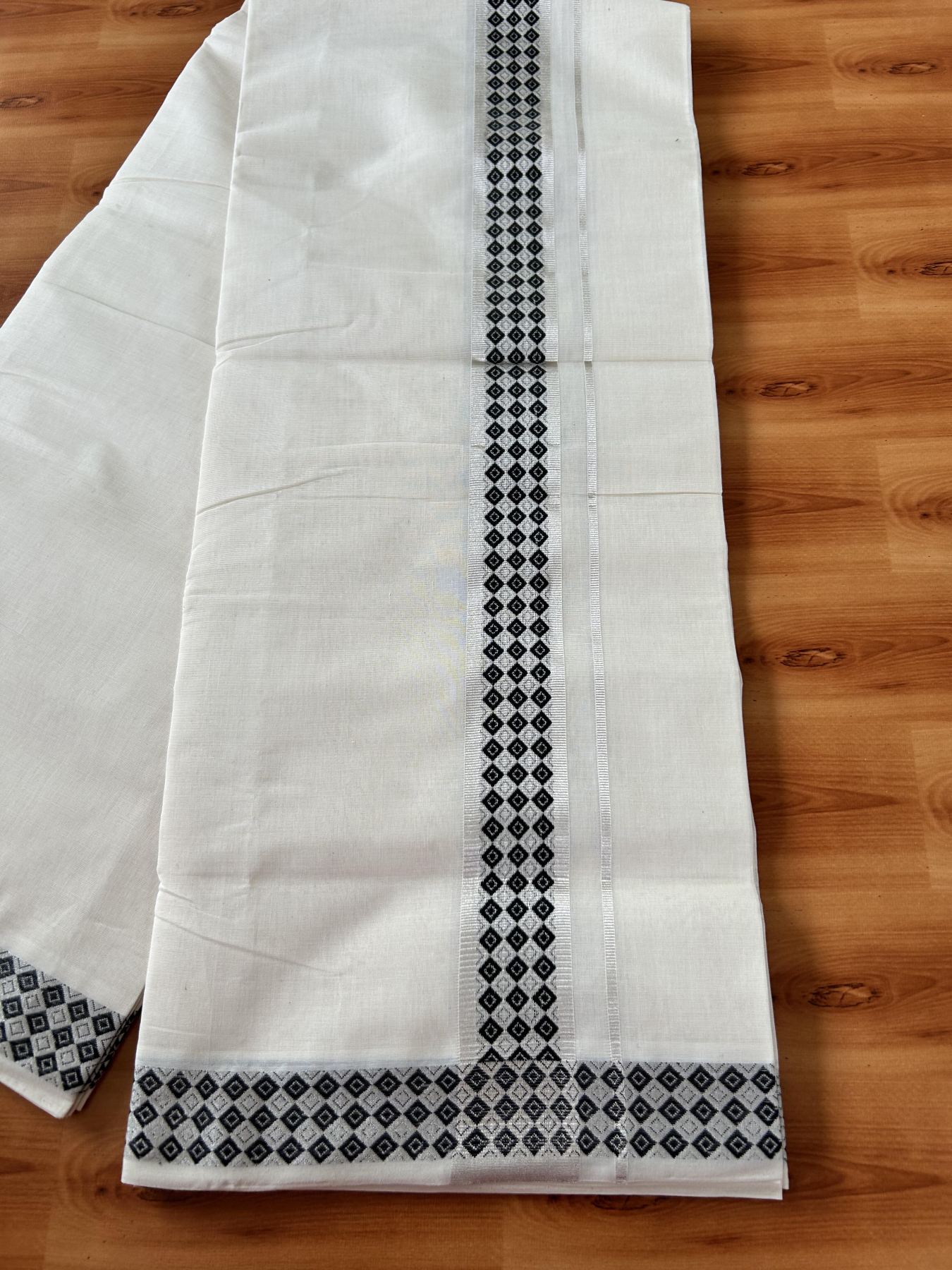 25% Discount ! Kaitharikada Handloom Unakkupaav - Kerala Handloom - 100% Pure Cotton Off White - (Unbleached) Double Mundu/Dhoti - 100x80 - 1.75 inch Silver Kasav & Black Jacquard Design Kara 4 mtr (8.5 Muzham) - 16 KK5441 ABH