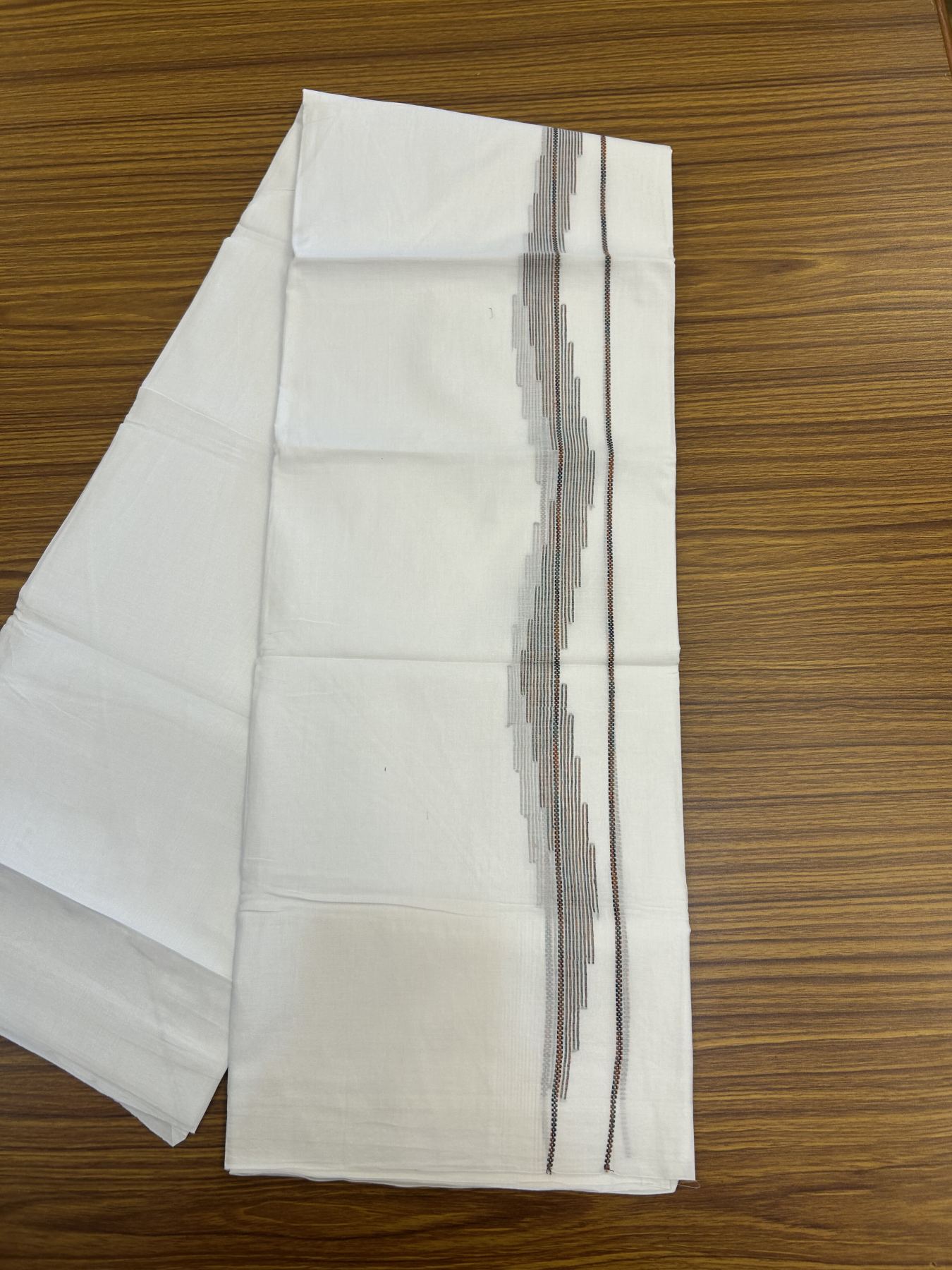 20% Discount ! Kaitharikada Balaramapuram 100% Cotton Pure White Double Mundu/Dothi - 100x80 - 0.75 inch Multi Colour Striped Jacquard Design Kara 3.80 mtr (8 muzham) - 19 KK5334 THI