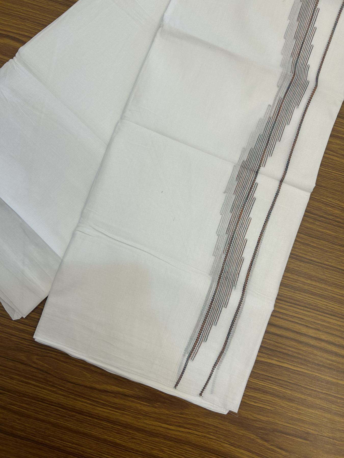 20% Discount ! Kaitharikada Balaramapuram 100% Cotton Pure White Double Mundu/Dothi - 100x80 - 0.75 inch Multi Colour Striped Jacquard Design Kara 3.80 mtr (8 muzham) - 19 KK5334 THI