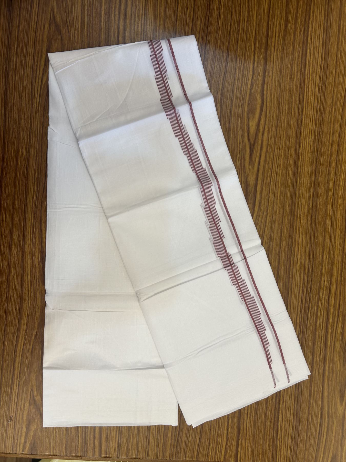20% Discount ! Kaitharikada Balaramapuram 100% Cotton Pure White Double Mundu/Dothi - 100x80 - 0.75 inch Maroon Striped Jacquard Design Kara 3.75 mtr (8 muzham) - 20 KK5334 THI