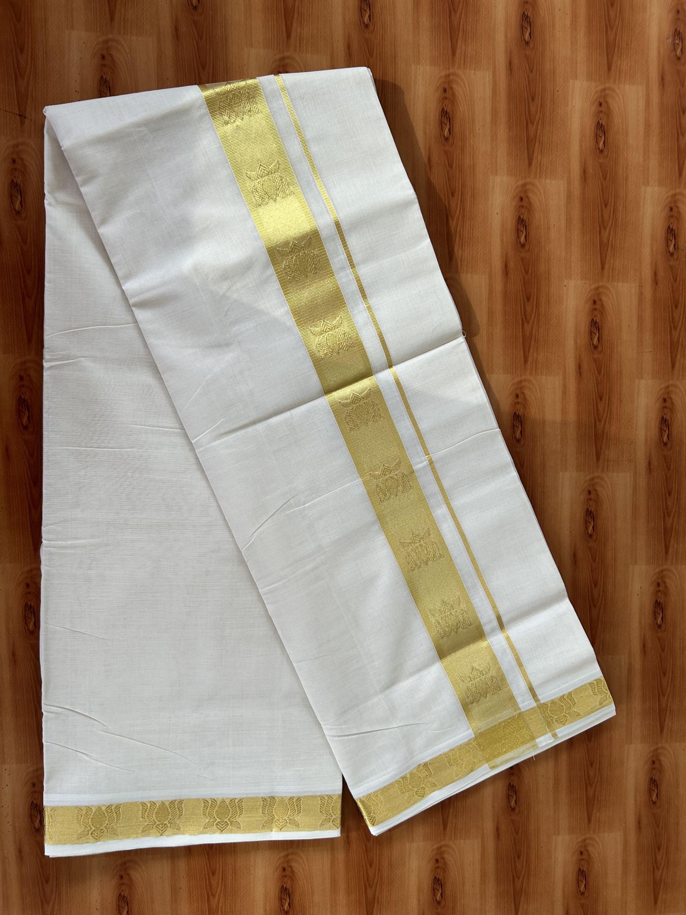 25% Discount ! Kaitharikada Handloom Unakkupaav - Kerala Handloom - 100% Pure Cotton Off White - (Unbleached) Double Mundu/Dhoti - 100x80 - 1.75 inch Gold Kasav Lotus Jacquard Design Kara 4 mtr (8.5 Muzham) - 10 KK5441 ABH