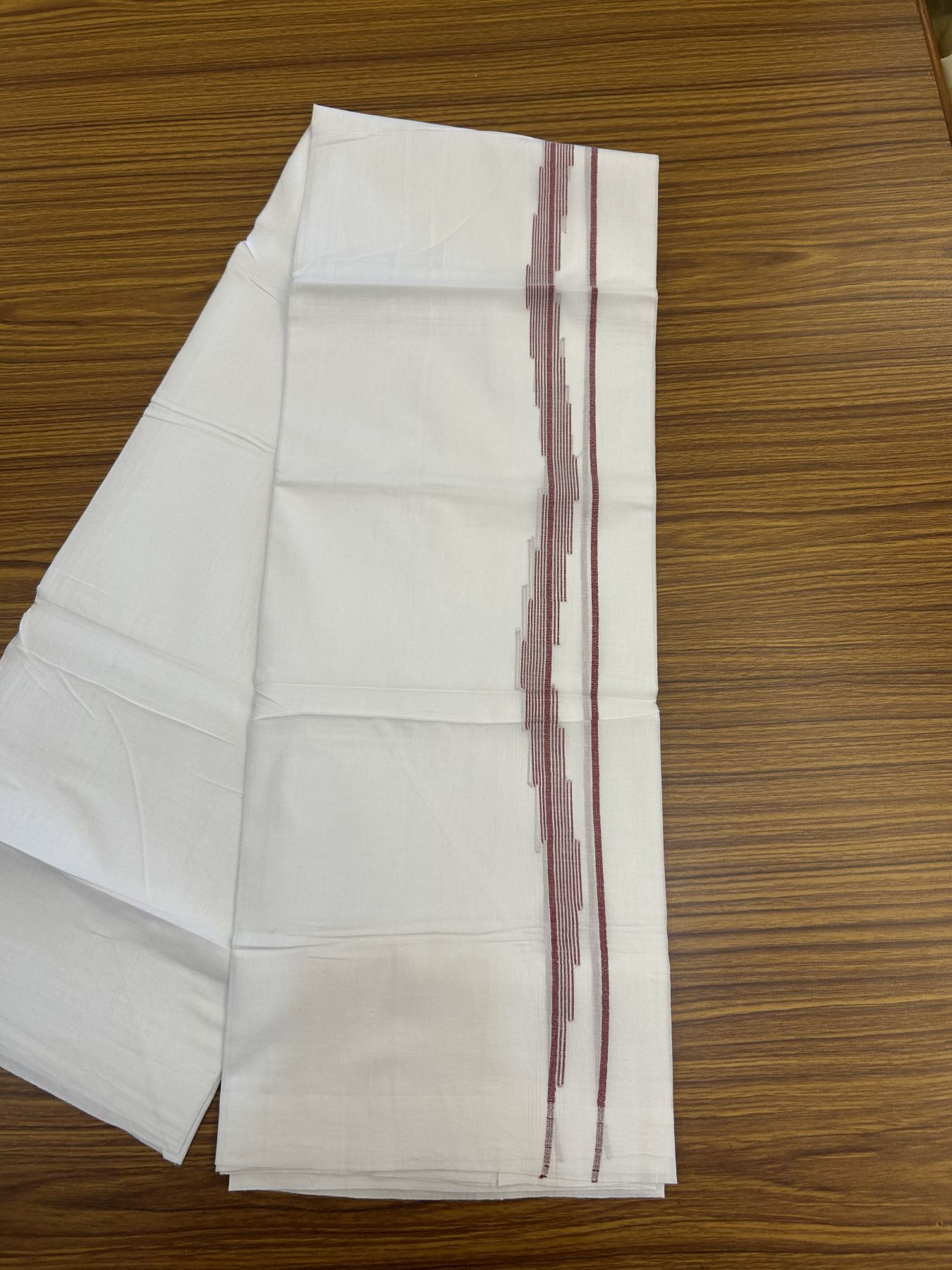 20% Discount ! Kaitharikada Balaramapuram 100% Cotton Pure White Double Mundu/Dothi - 100x80 - 0.75 inch Maroon Striped Jacquard Design Kara 3.75 mtr (8 muzham) - 20 KK5334 THI