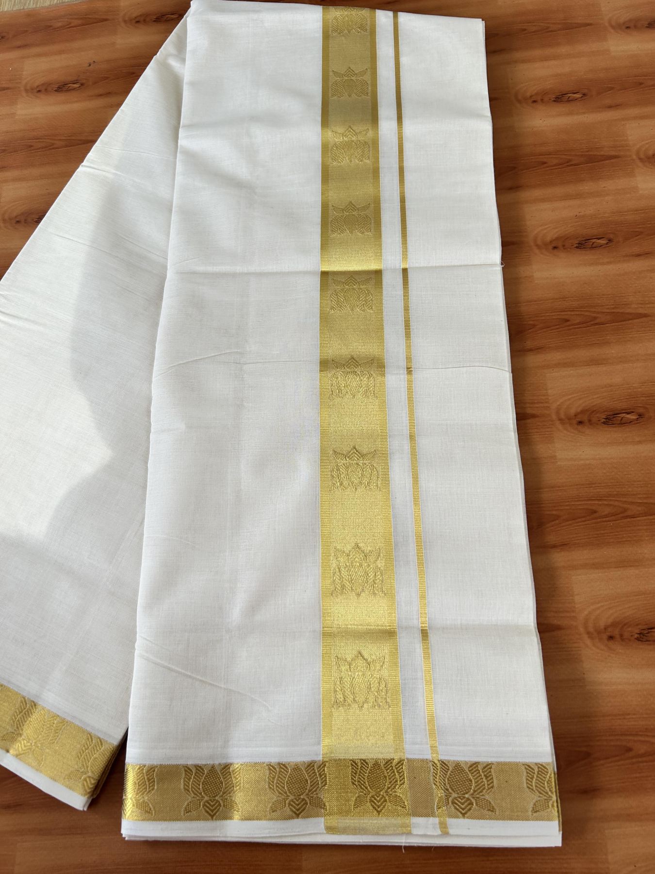 25% Discount ! Kaitharikada Handloom Unakkupaav - Kerala Handloom - 100% Pure Cotton Off White - (Unbleached) Double Mundu/Dhoti - 100x80 - 1.75 inch Gold Kasav Lotus Jacquard Design Kara 4 mtr (8.5 Muzham) - 10 KK5441 ABH