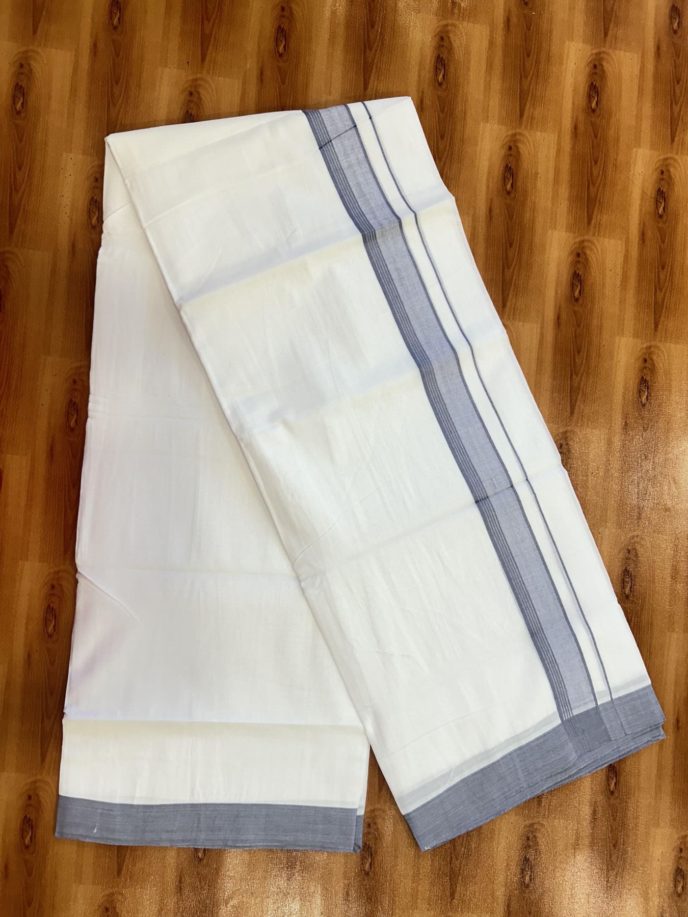 Double Pure white Mundu / Dhothi - 20% Discount ! KaithariKada Balaramapuram - 100% Pure Cotton 100x80 - 1.5 inch Ash blue striped Kara 4.5 Meters (10 Muzham) - 24 KK5391 THI
