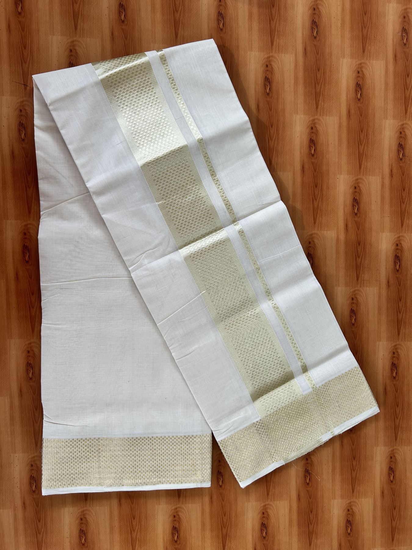 25% Discount ! Kaitharikada Handloom Unakkupaav - Kerala Handloom - 100% Pure Cotton Off White - (Unbleached)  Double Mundu/Dhoti - 100x80 - 3 inch Light Gold Kasav Jacquard Design Kara 4 mtr (8.5 Muzham) - 22 KK5441 ABH