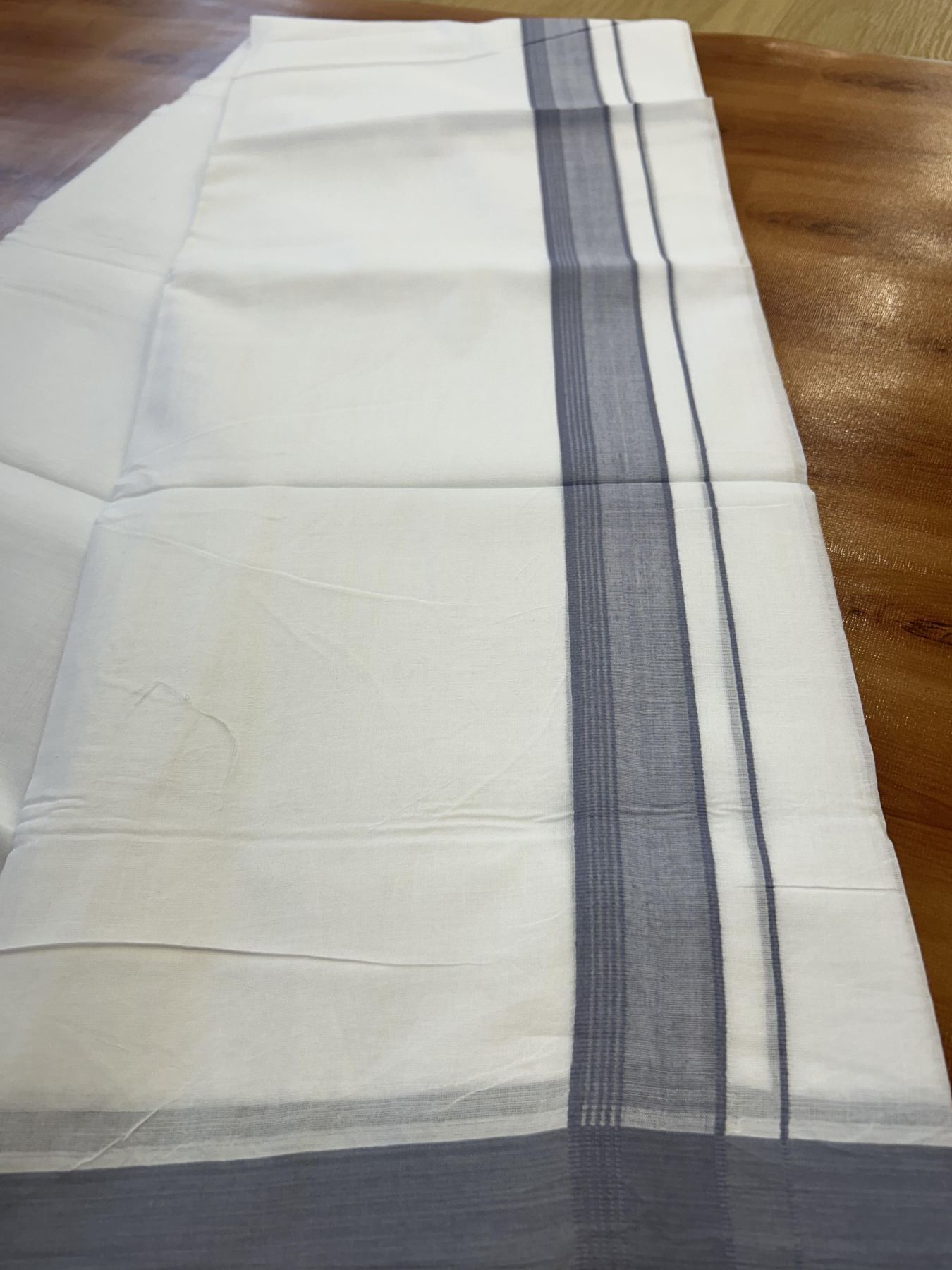Double Pure white Mundu / Dhothi - 20% Discount ! KaithariKada Balaramapuram - 100% Pure Cotton 100x80 - 1.5 inch Ash blue striped Kara 4.5 Meters (10 Muzham) - 24 KK5391 THI