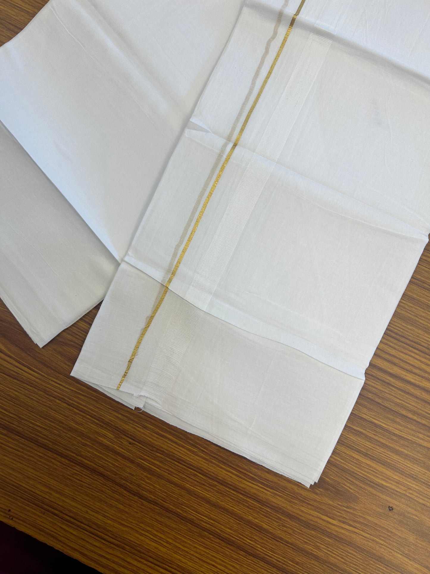 20% Discount ! Kaitharikada Balaramapuram 100% Cotton Pure White Double Mundu/Dothi - 100x80 - 2 cm Gold kasav & White kara 3.80 mtr (8 muzham) - 40 KK5359 THI