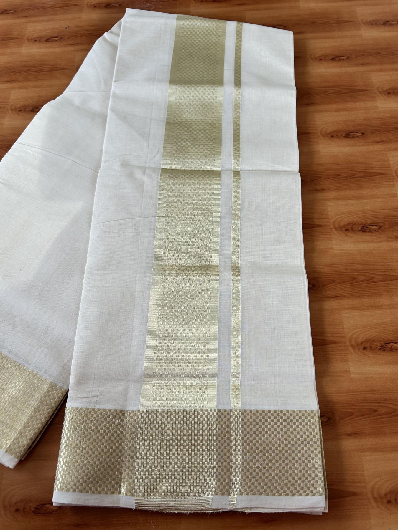25% Discount ! Kaitharikada Handloom Unakkupaav - Kerala Handloom - 100% Pure Cotton Off White - (Unbleached)  Double Mundu/Dhoti - 100x80 - 3 inch Light Gold Kasav Jacquard Design Kara 4 mtr (8.5 Muzham) - 22 KK5441 ABH
