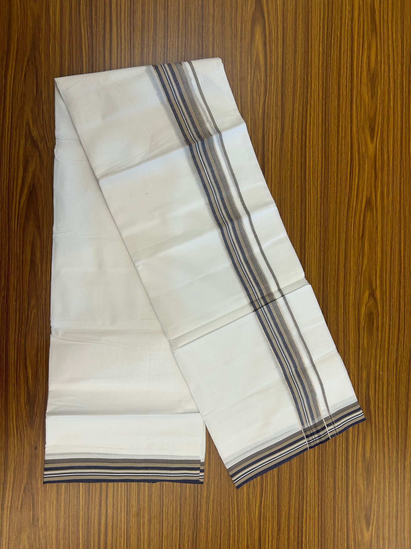 20% Discount ! Kaitharikada Balaramapuram 100% Cotton Pure White Double Mundu/Dothi - 100x80 - 1.5 inch Silver Kasav Khaki & Navy Blue Shaded Striped Kara 3.80 mtr (8 muzham) - 7 KK5359 THI