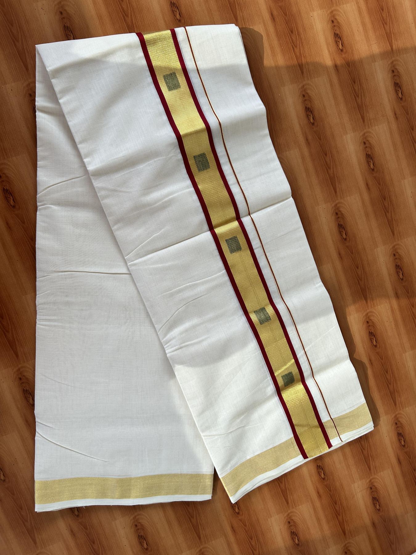 25% Discount ! Kaitharikada Handloom Unakkupaav - Kerala Handloom - 100% Pure Cotton Off White - (Unbleached) Double Mundu/Dhoti - 100x80 - 2 inch Gold Kasav & Maroon Green Jacquard Design Kara 4 mtr (8.5 Muzham) - 11 KK5441 ABH