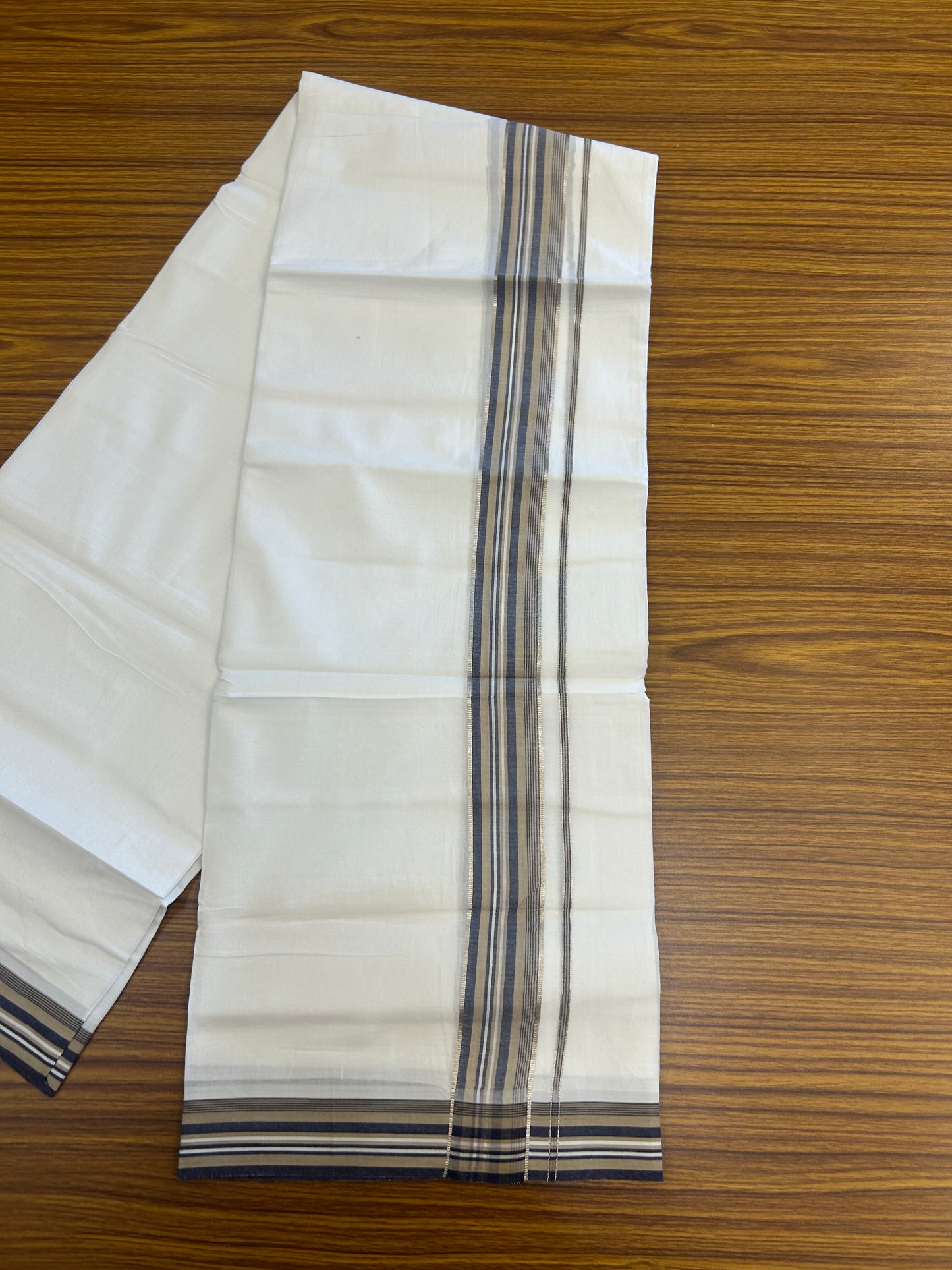 20% Discount ! Kaitharikada Balaramapuram 100% Cotton Pure White Double Mundu/Dothi - 100x80 - 1.5 inch Silver Kasav Khaki & Navy Blue Shaded Striped Kara 3.80 mtr (8 muzham) - 7 KK5359 THI
