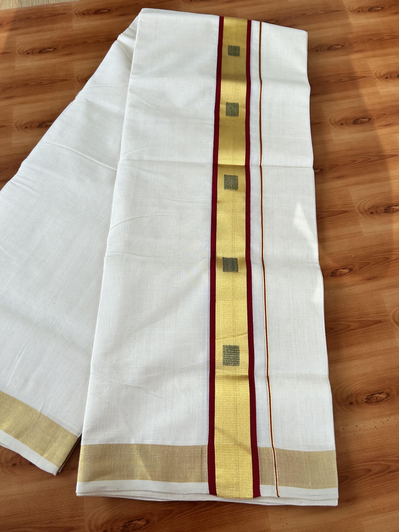 25% Discount ! Kaitharikada Handloom Unakkupaav - Kerala Handloom - 100% Pure Cotton Off White - (Unbleached) Double Mundu/Dhoti - 100x80 - 2 inch Gold Kasav & Maroon Green Jacquard Design Kara 4 mtr (8.5 Muzham) - 11 KK5441 ABH