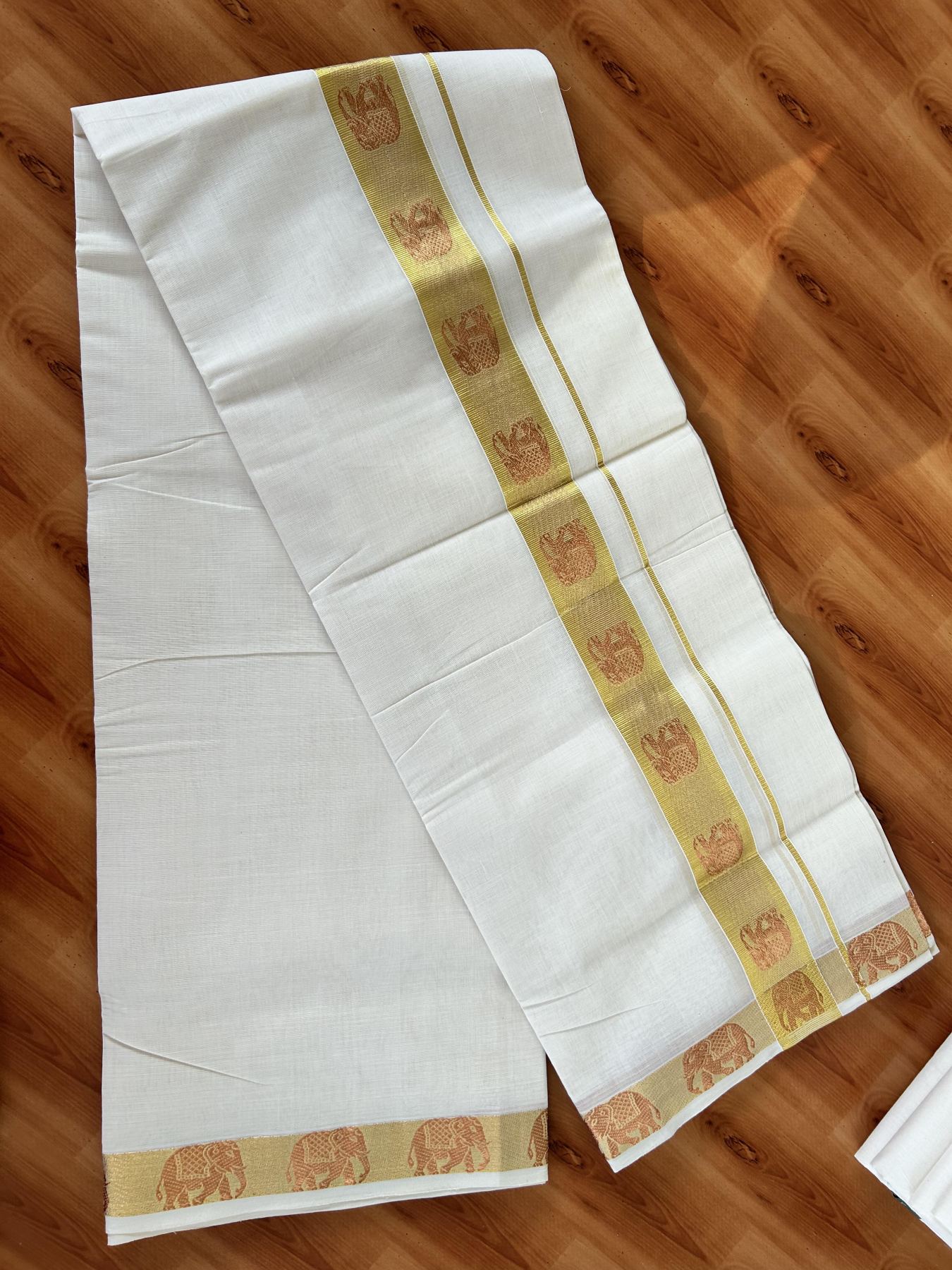 25% Discount ! Kaitharikada Handloom Unakkupaav - Kerala Handloom - 100% Pure Cotton Off White - (Unbleached) Double Mundu/Dhoti - 100x80 - 1.75 inch Copper & Gold Kasav Elephant Jacquard Design Kara 4 mtr (8.5 Muzham) - 9 KK5441 ABH