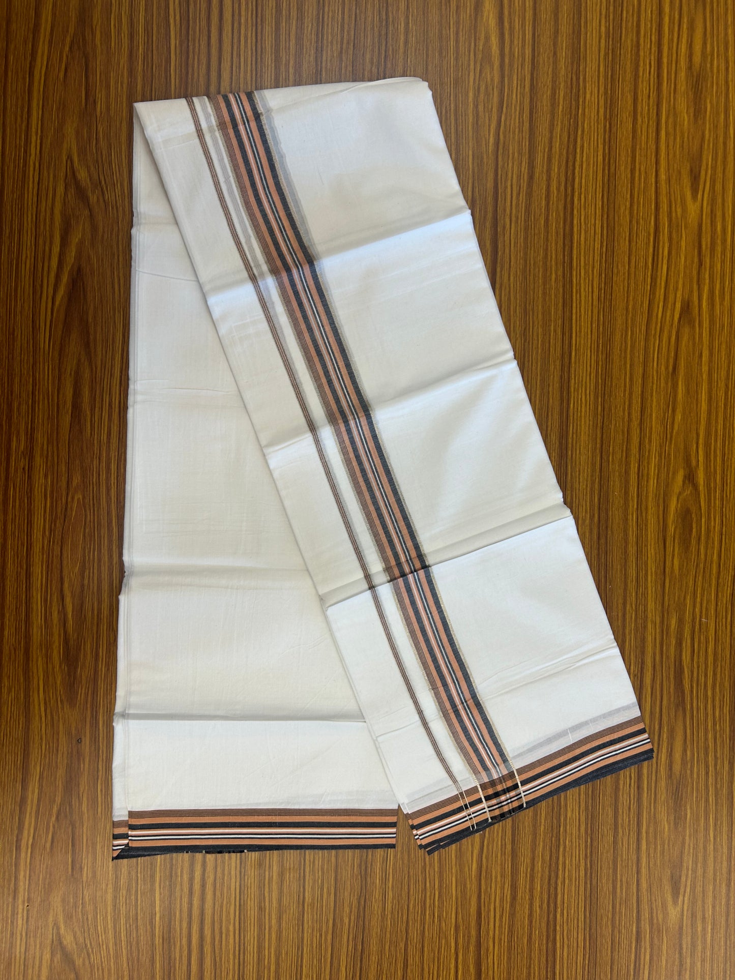 20% Discount ! Kaitharikada Balaramapuram 100% Cotton Pure White Double Mundu/Dothi - 100x80 - 1.5 inch Silver Kasav Light Orange & Black Shaded Striped Kara 3.80 mtr (8 muzham) - 3 KK5359 THI